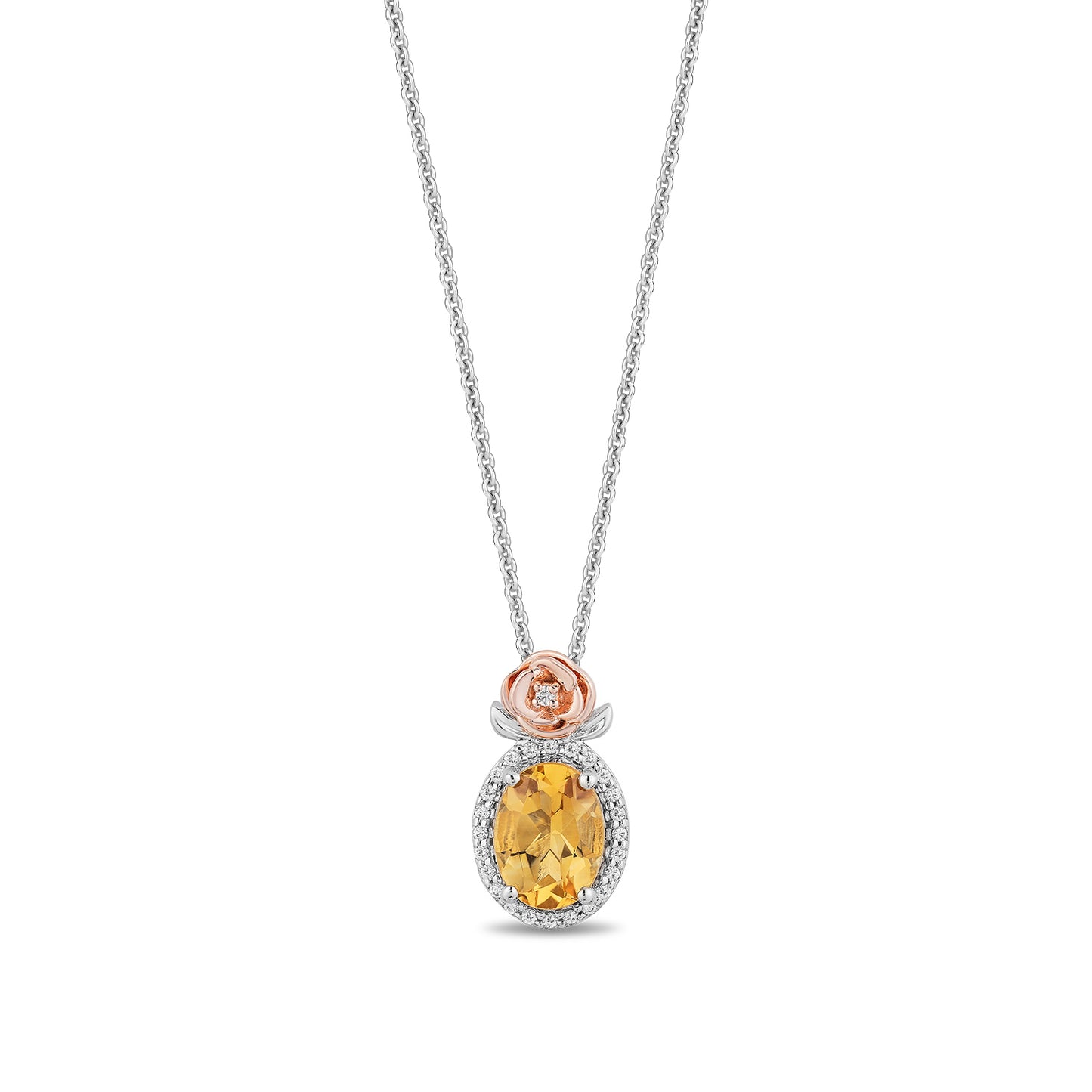 Enchanted Disney Fine Jewelry 14K Rose Gold Over Sterling Silver with 1/10 CTTW Diamond and Citrine, Disney's Belle Necklace