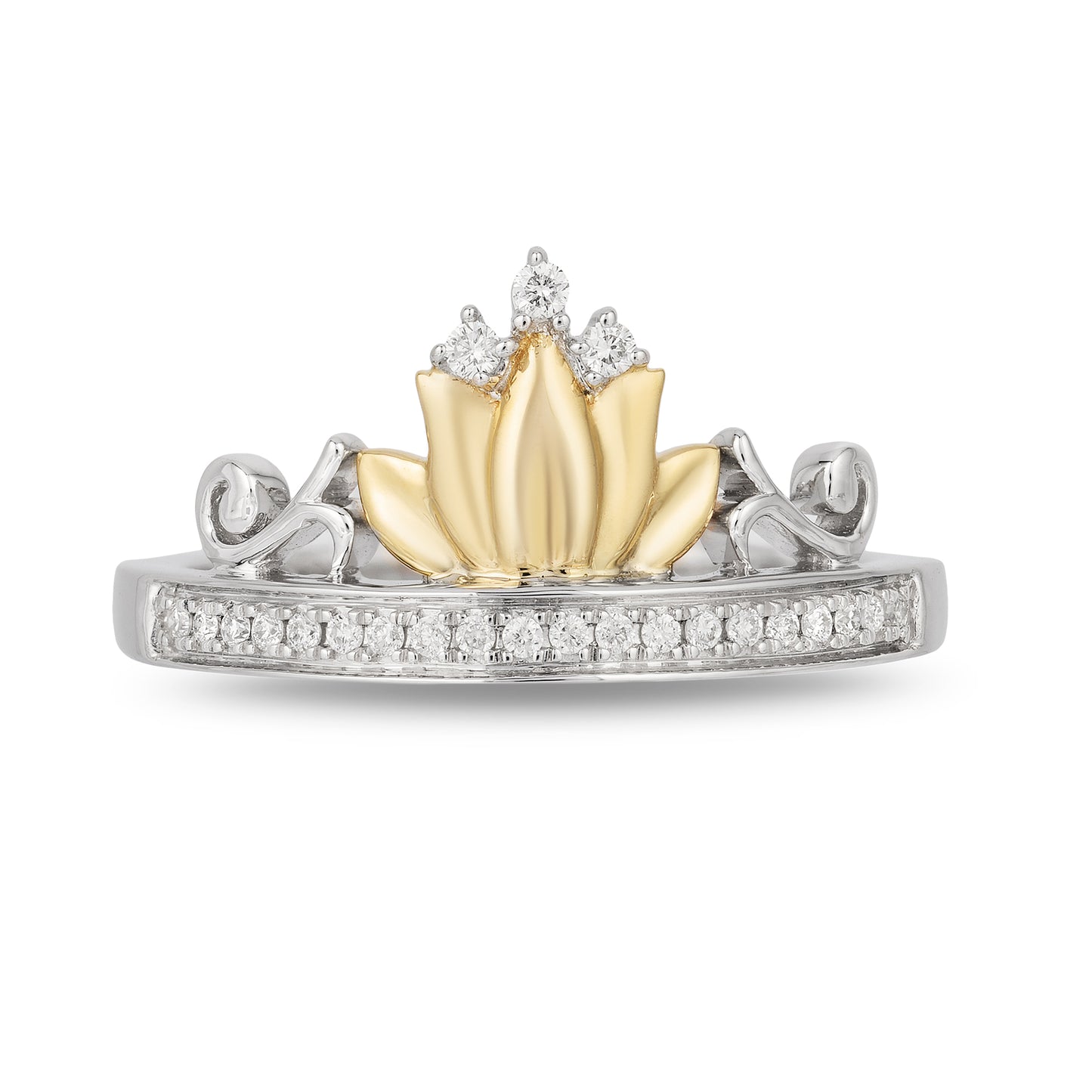 Enchanted Disney Fine Jewelry Sterling Silver and 10K Yellow Gold 1/10 CTTW Tiana Water Lily Tiara Ring