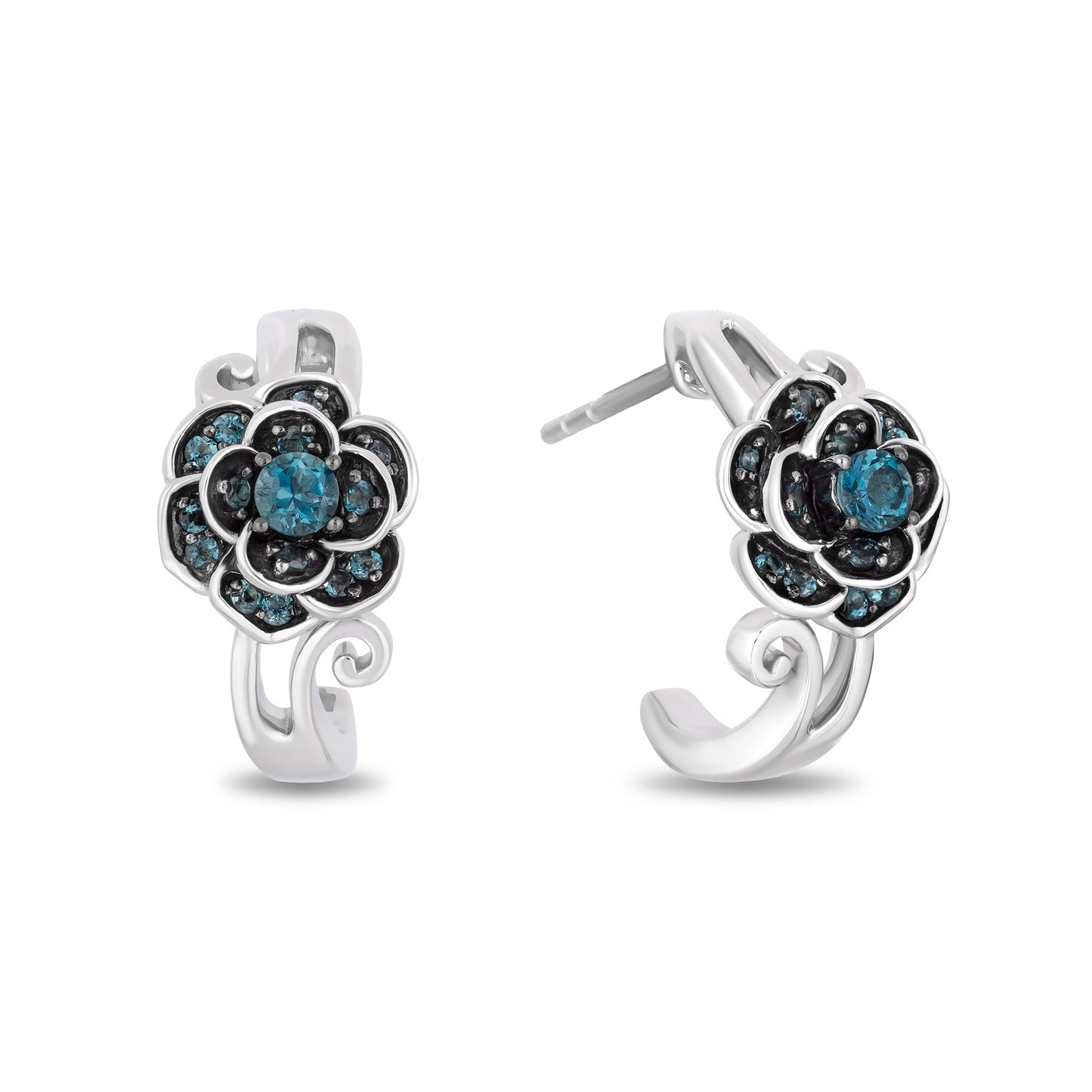 Enchanted Disney Fine Jewelry Sterling Silver with Diamond Accents and London Blue Topaz, Disney's Cinderella Gardenia Flower Huggie Earrings