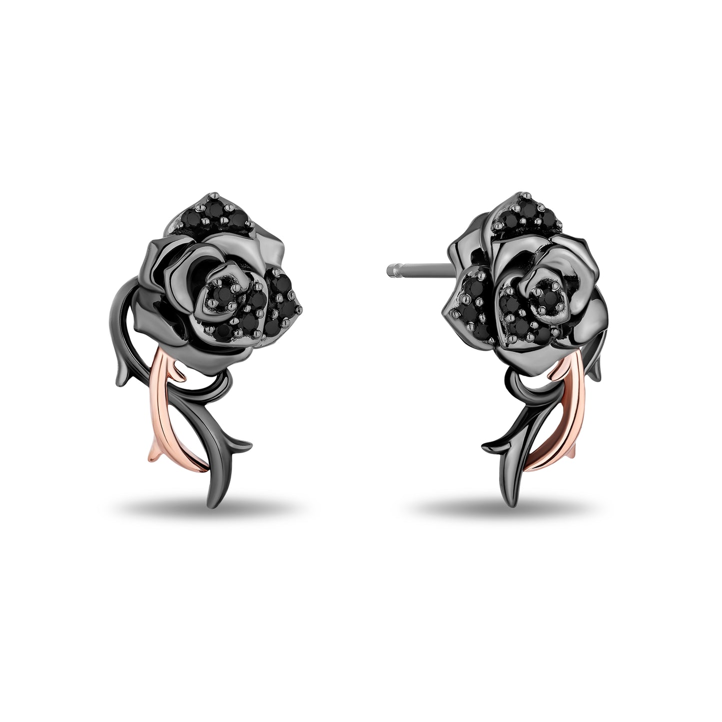 Enchanted Disney Fine Jewelry Black Rhodium Over Sterling Silver and 10K Rose Gold with 1/6 CTTW Black Diamonds Maleficent Rose Earrings
