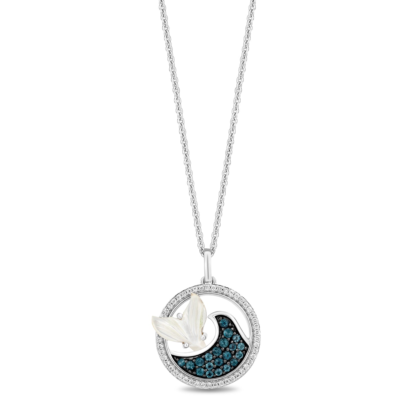 Enchanted Disney Fine Jewelry Sterling Silver with 1/6 CTTW Diamonds and Mother of Pearl Ariel Tail Pendant Necklace