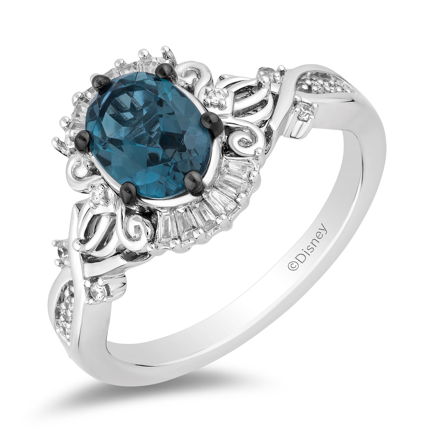 Enchanted Disney Fine Jewelry Sterling Silver with 1/6 CTTW. Diamonds and London Blue Topaz Cinderella Ring