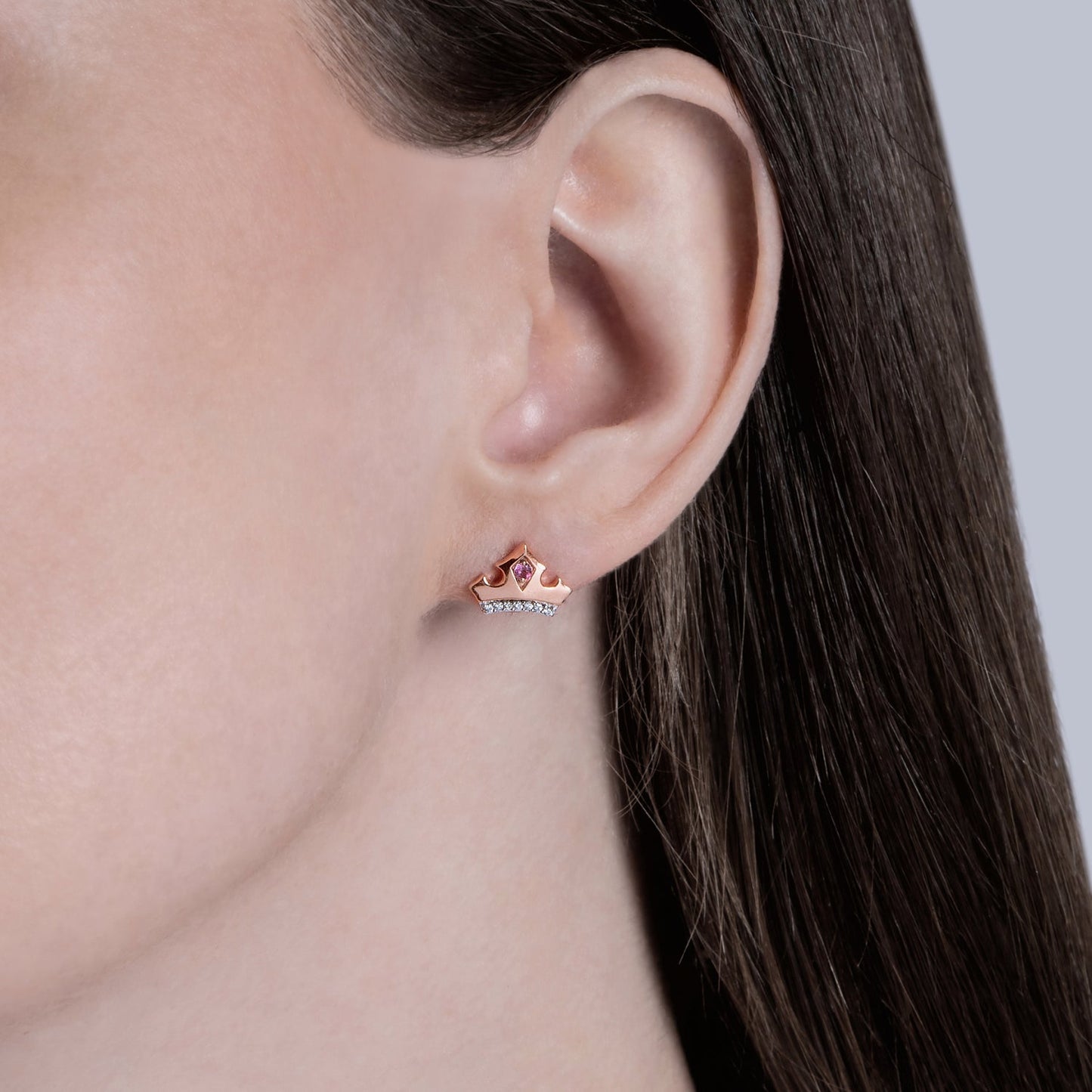 Enchanted Disney Fine Jewelry 10K Rose Gold with 1/20 CTTW Diamond and Pink Topaz Aurora Tiara Earrings