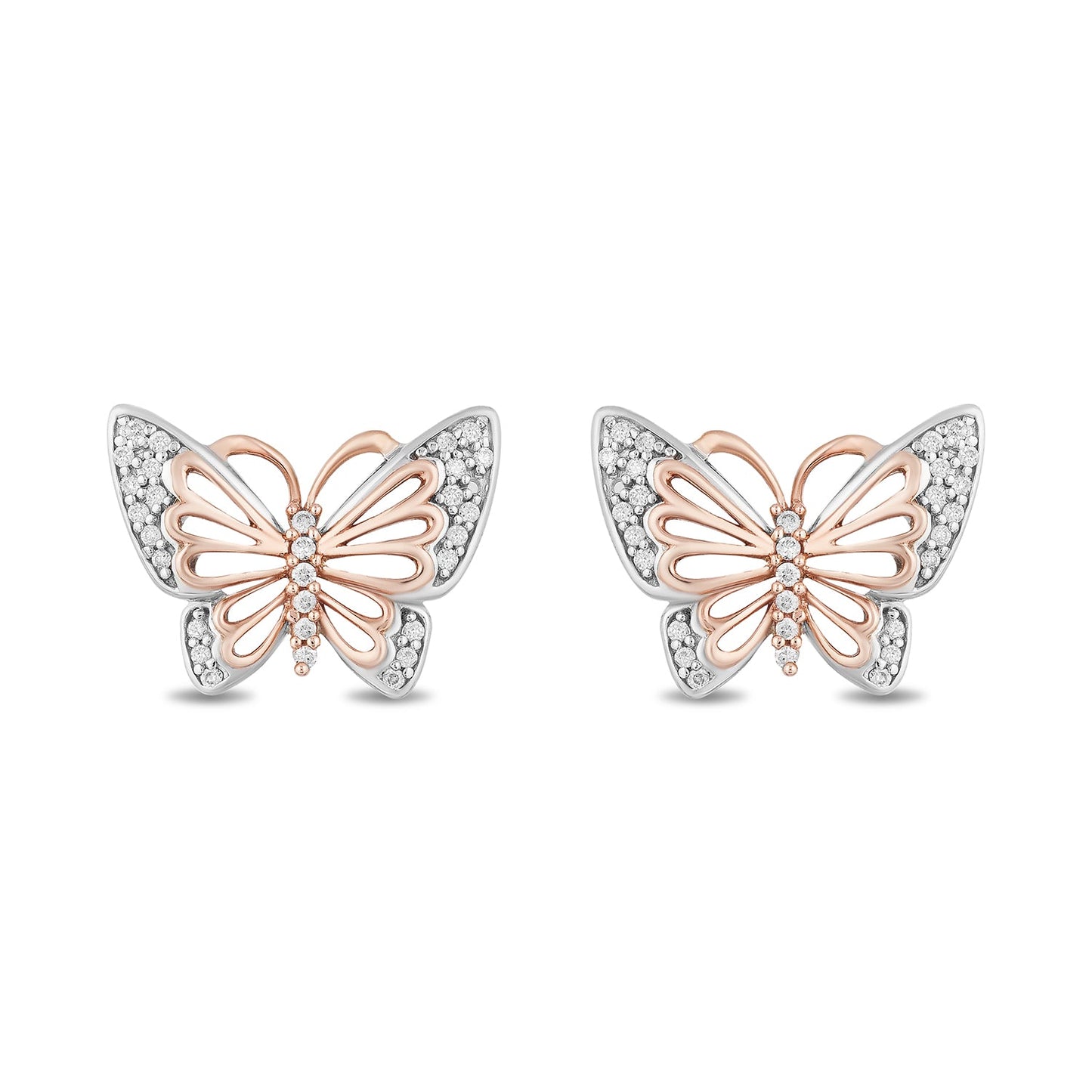 Enchanted Disney Fine Jewelry Sterling Silver and 10K Rose Gold 1/10 CTTW Natural White Round Diamond Mulan Butterfly Earrings