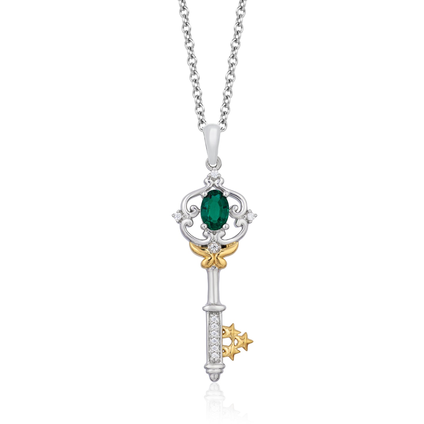 Enchanted Disney Fine Jewelry 14K Yellow Gold over Sterling Silver with 1/20 CTTW Diamond and Created Emerald Tinker Bell Key Pendant Necklace