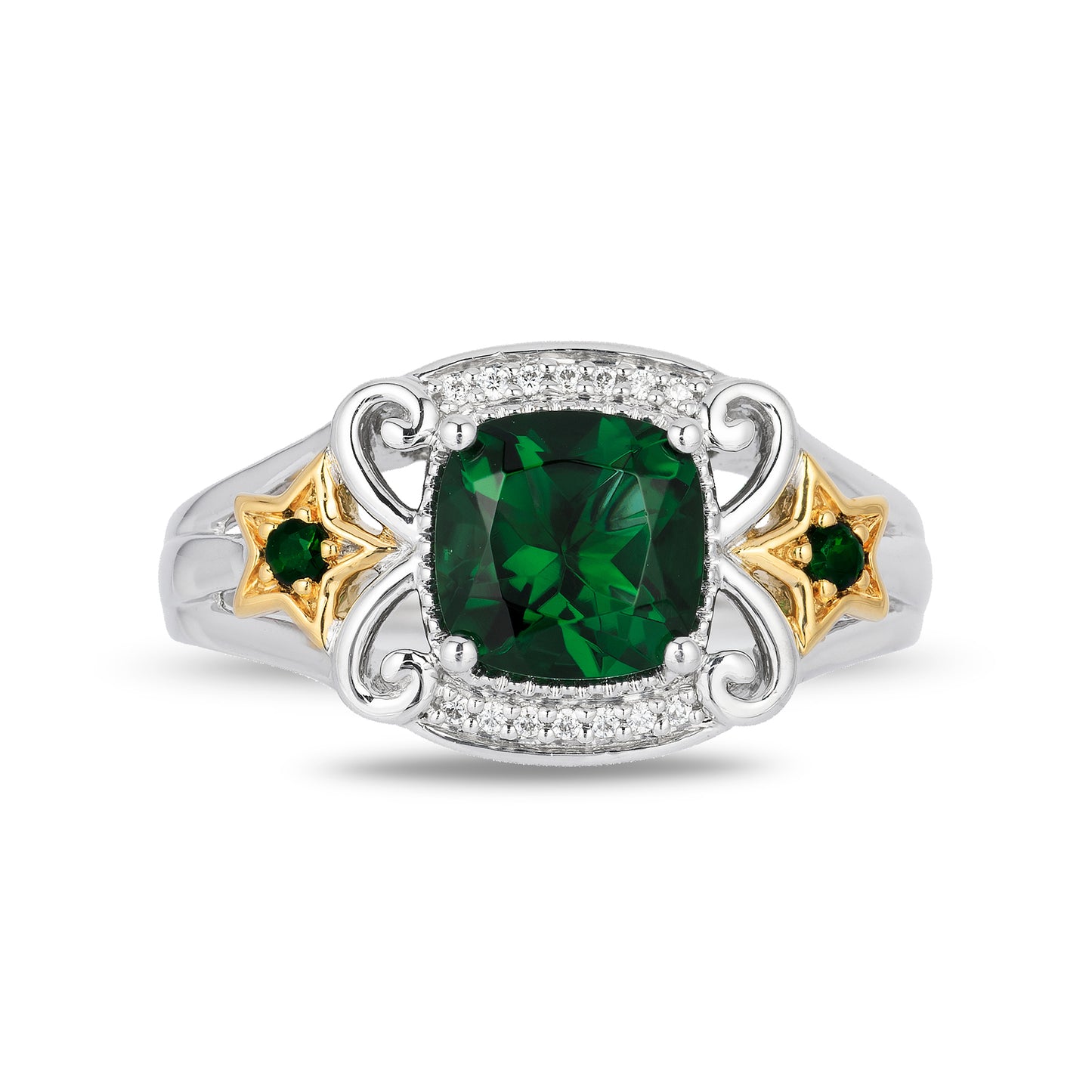Enchanted Disney Fine Jewelry 14K Yellow Gold over Sterling Silver with 1/20 CTTW Diamonds Created Emerald Tinker Bell Star Ring