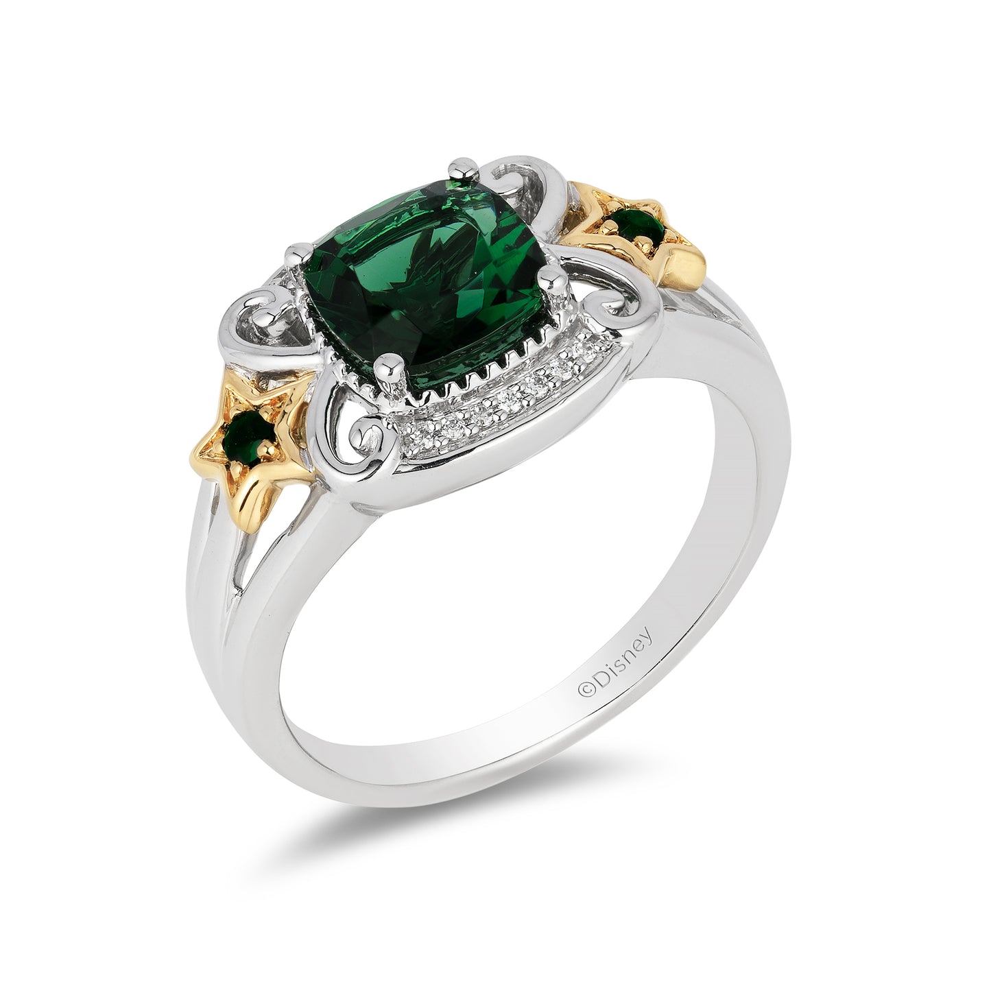 Enchanted Disney Fine Jewelry 14K Yellow Gold over Sterling Silver with 1/20 CTTW Diamonds Created Emerald Tinker Bell Star Ring