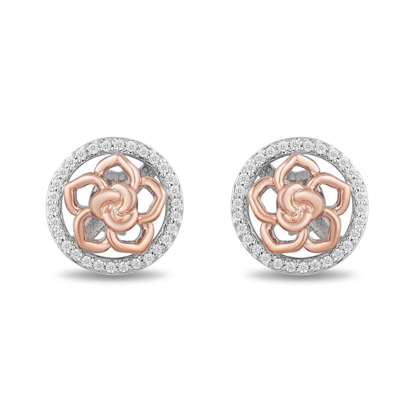 Enchanted Disney Fine Jewelry 14K Rose Gold Over Sterling Silver 1/4 CTTW Natural White Round Diamond Belle Stud Earrings