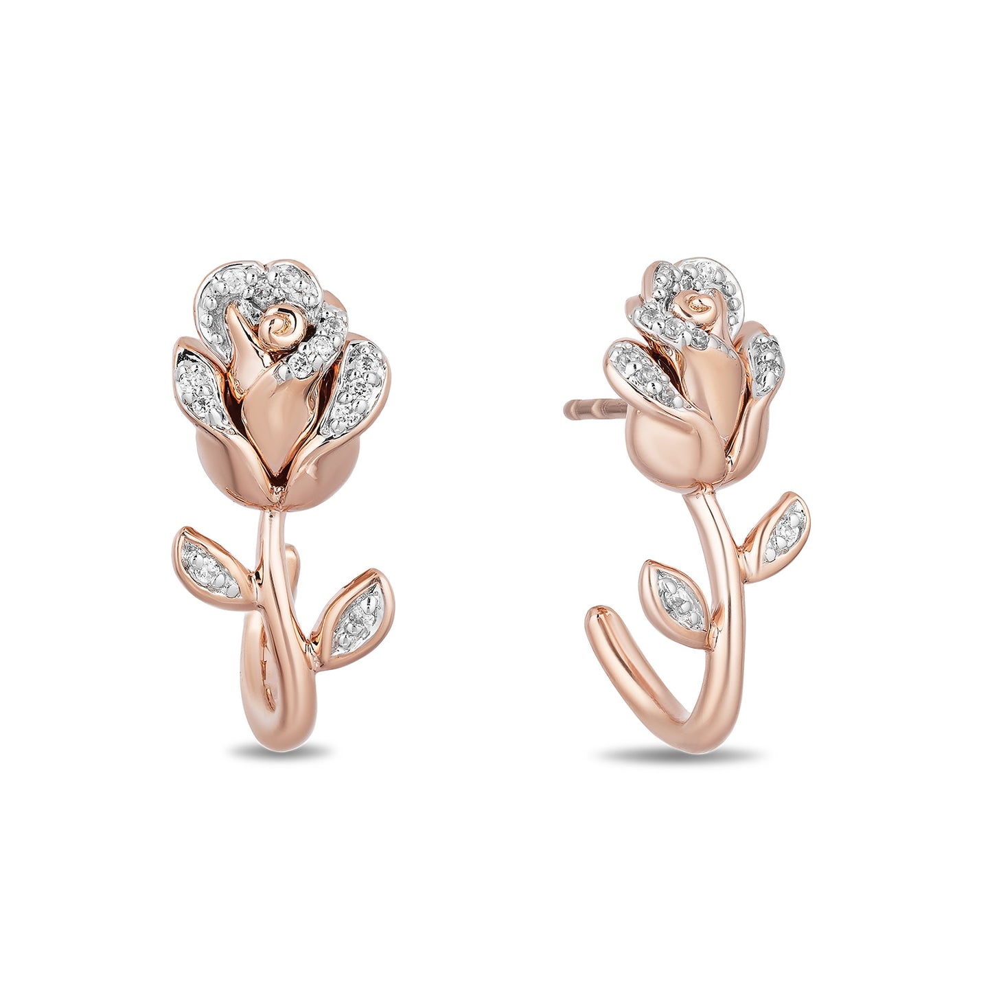 Enchanted Disney Fine Jewelry 14K Rose Gold over Sterling Silver with 1/10 CTTW Diamond, Disney's Belle Earrings