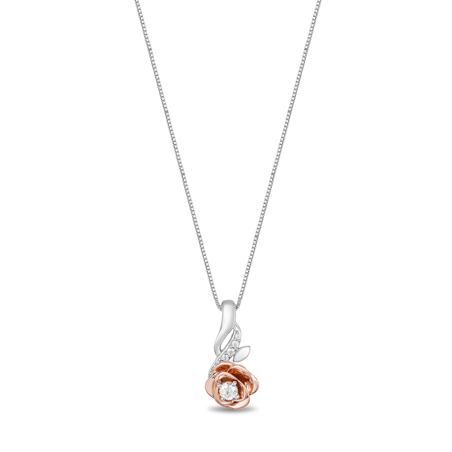 Enchanted Disney Fine Jewelry 14K Rose Gold Over Sterling Silver with 1/10 CTTW Diamonds Belle Rose Necklace