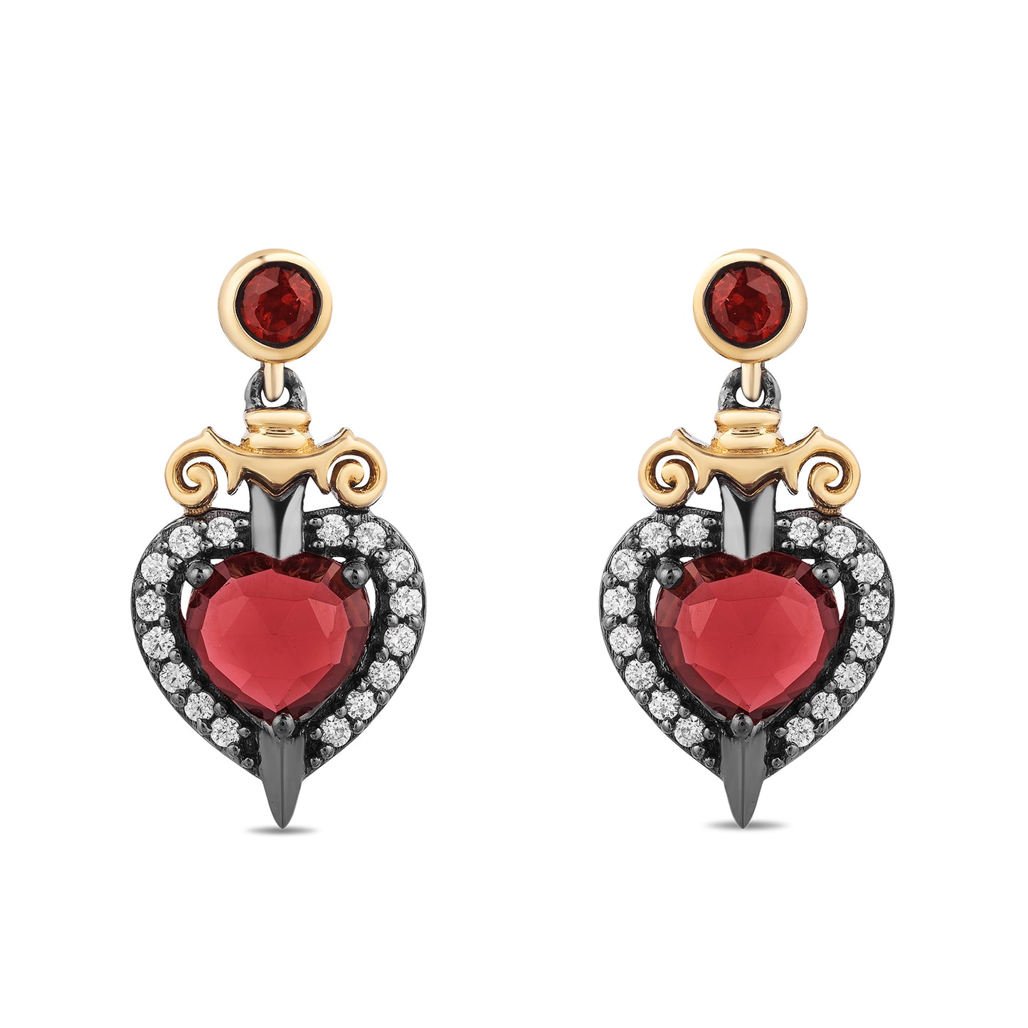 Enchanted Disney Fine Jewelry Black Rhodium Over Sterling Silver and 10K Yellow Gold with 1/8 CTTW Diamond and Red Garnet Evil Queen Earrings