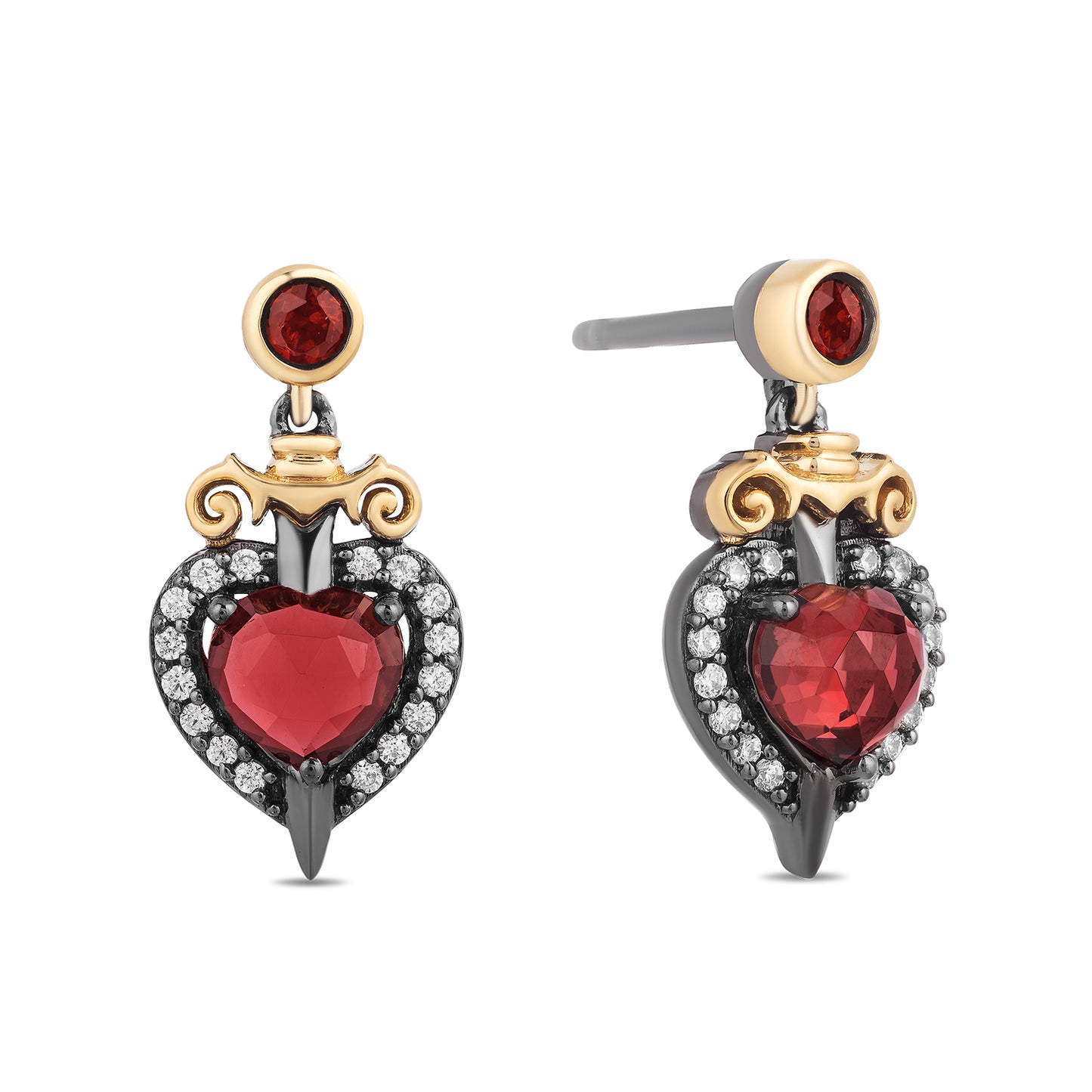 Enchanted Disney Fine Jewelry Black Rhodium Over Sterling Silver and 10K Yellow Gold with 1/8 CTTW Diamond and Red Garnet Evil Queen Earrings