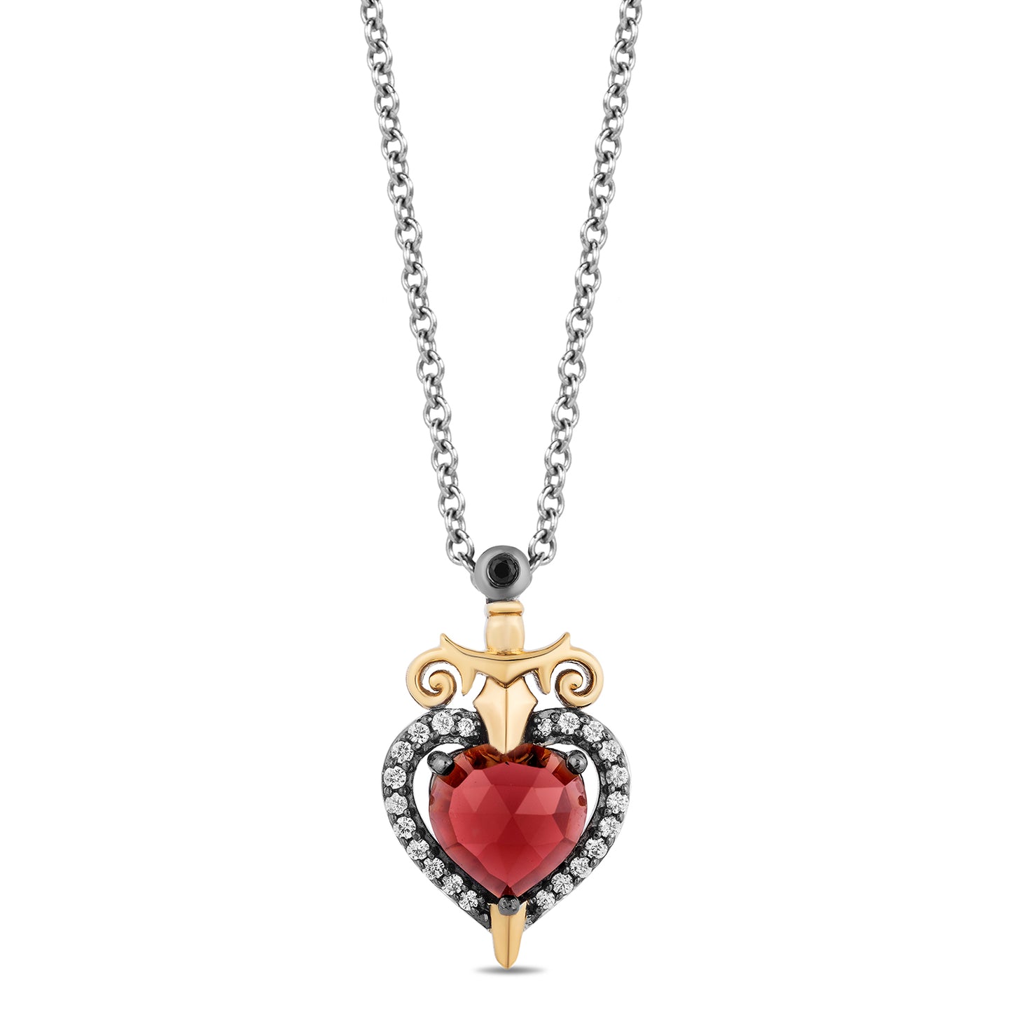 Enchanted Disney Fine Jewelry Black Rhodium Over Sterling Silver and 10K Yellow Gold with 1/10 CTTW Diamond and Red Garnet Evil Queen Pendant Necklace