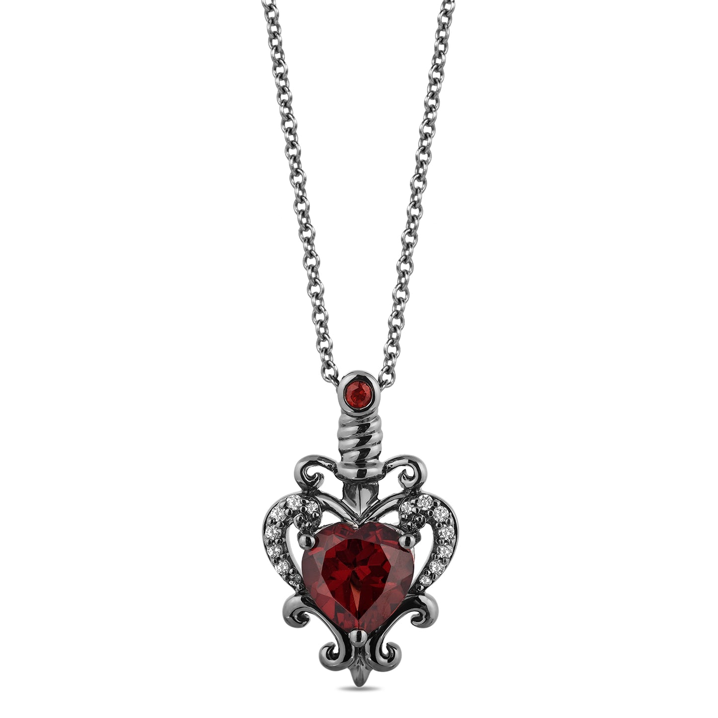 Enchanted Disney Fine Jewelry Black Rhodium over Sterling Silver with Diamond Accent and Red Garnet Evil Queen Dagger Pendant Necklace