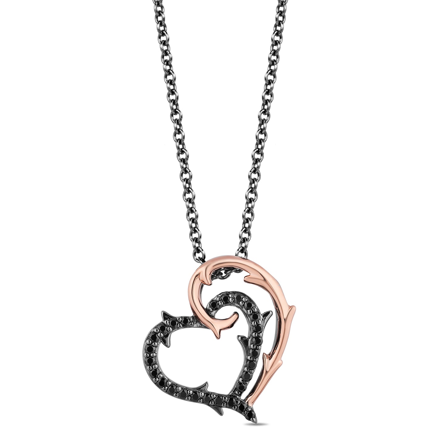 Enchanted Disney Fine Jewelry 10K Rose Gold and Black Rhodium over Sterling Silver with 1/5 CTTW Black Diamond Maleficent Heart Pendant Necklace