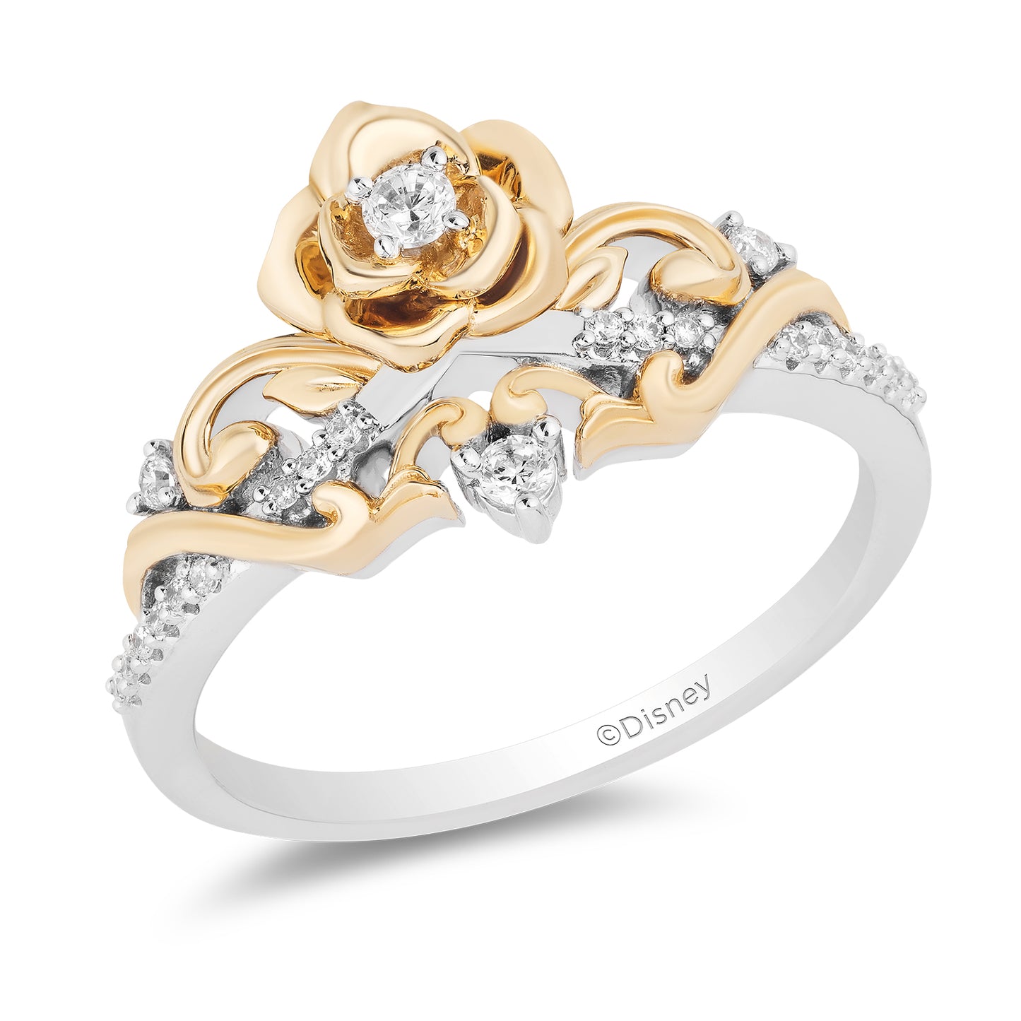 Enchanted Disney Fine Jewelry 14K Yellow Gold Over Sterling Silver with 1/6 CTTW Diamonds Belle Ring