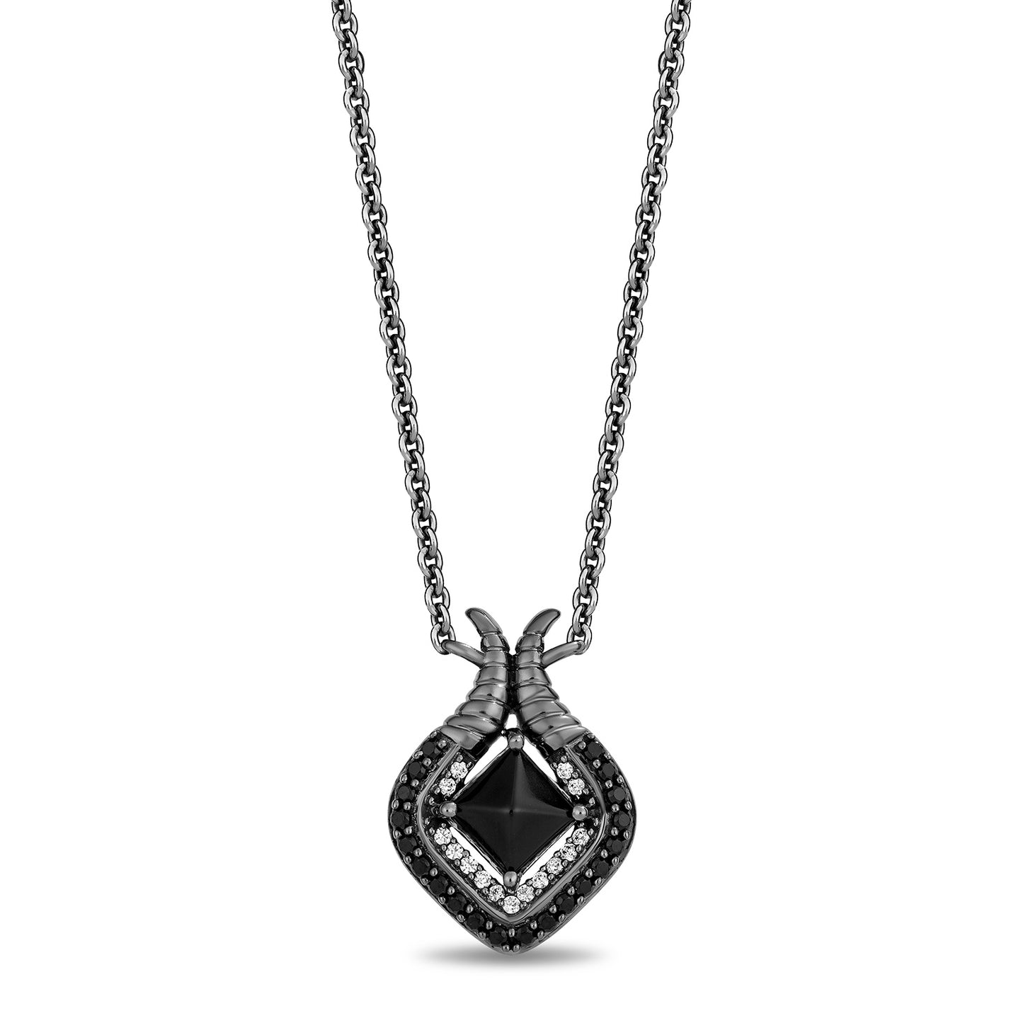Enchanted Disney Fine Jewelry Black Rhodium Over Sterling Silver with 1/5 CTTW Diamonds and Black Onyx Maleficent Pendant Necklace