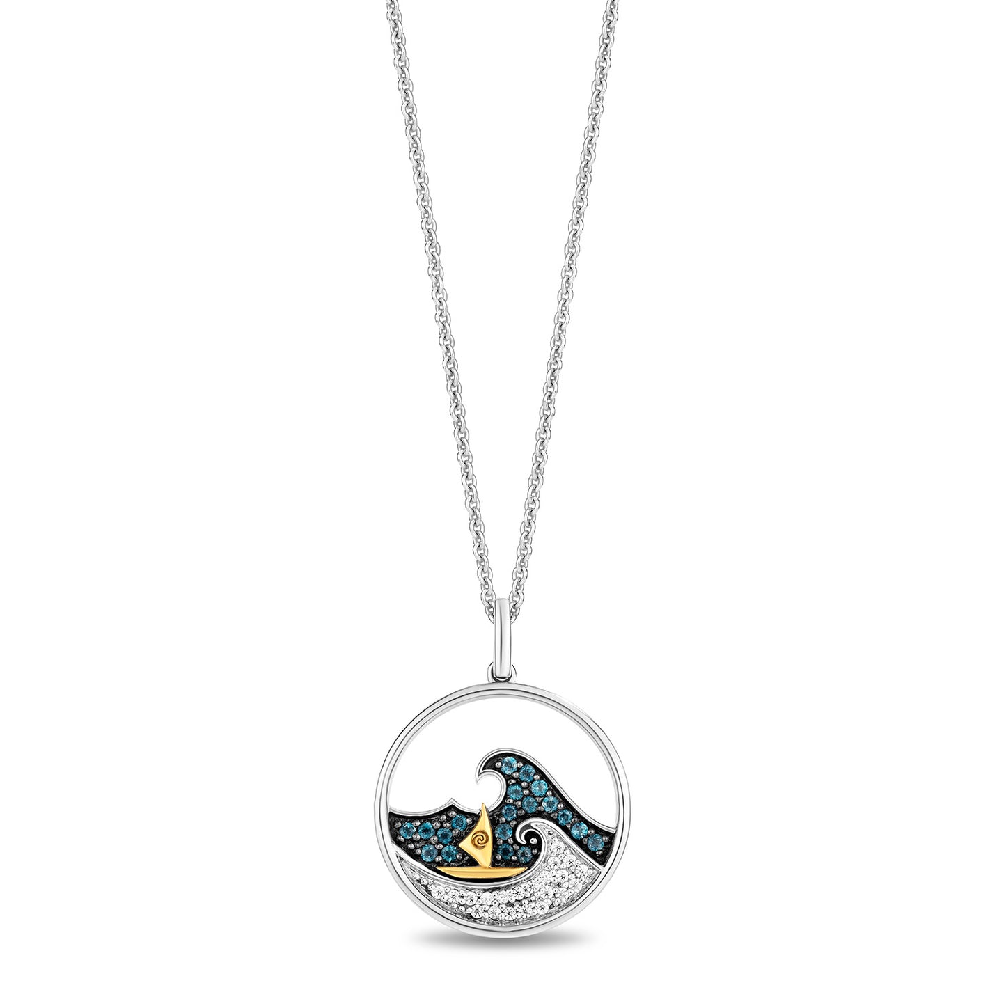 Enchanted Disney Fine Jewelry Sterling Silver and 10K Yellow Gold with 1/10 CTTW Diamonds and London Blue Topaz Moana Wave Pendant Necklace