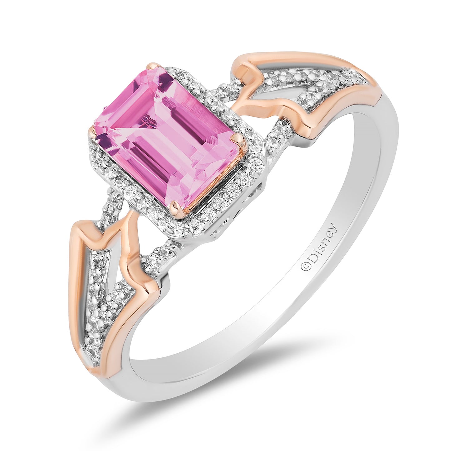 Enchanted Disney Fine Jewelry Sterling Silver and 10K Rose Gold with 1/6 CTTW Diamonds and Cr. Pink Sapphire Aurora Ring
