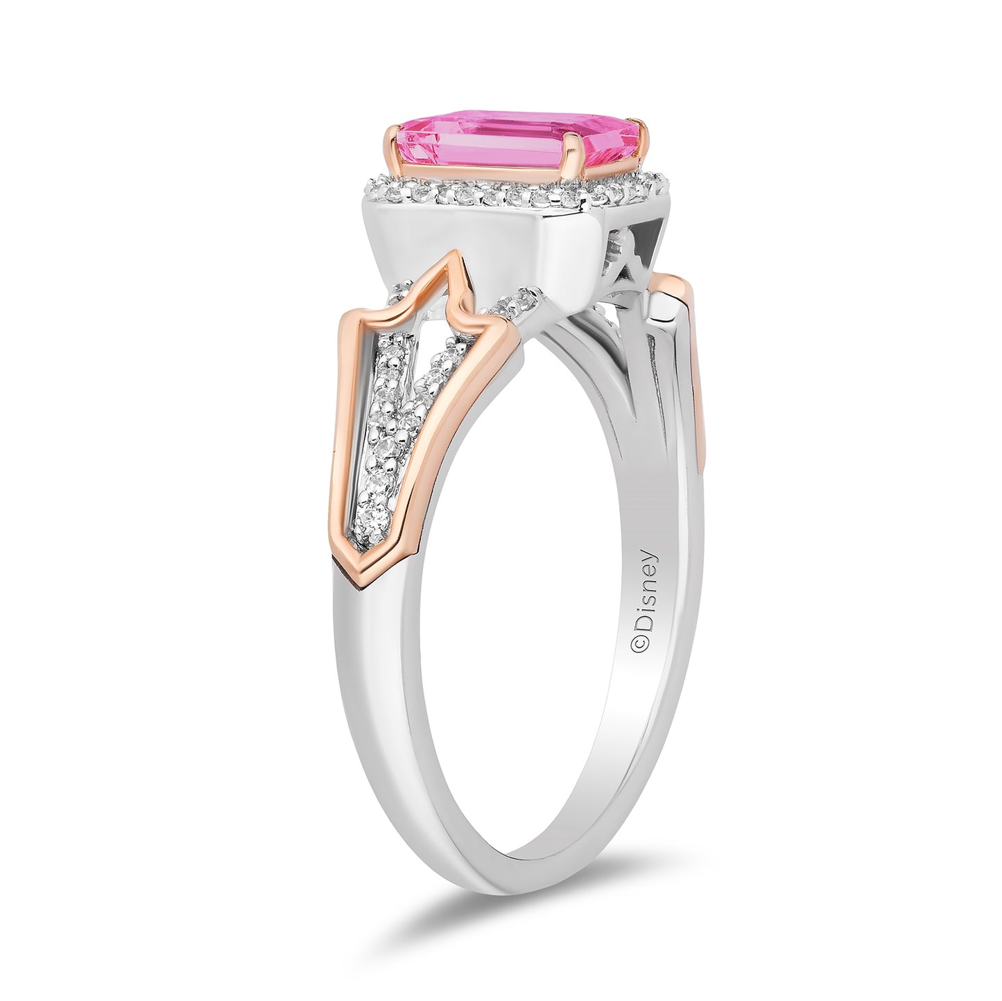 Enchanted Disney Fine Jewelry Sterling Silver and 10K Rose Gold with 1/6 CTTW Diamonds and Cr. Pink Sapphire Aurora Ring