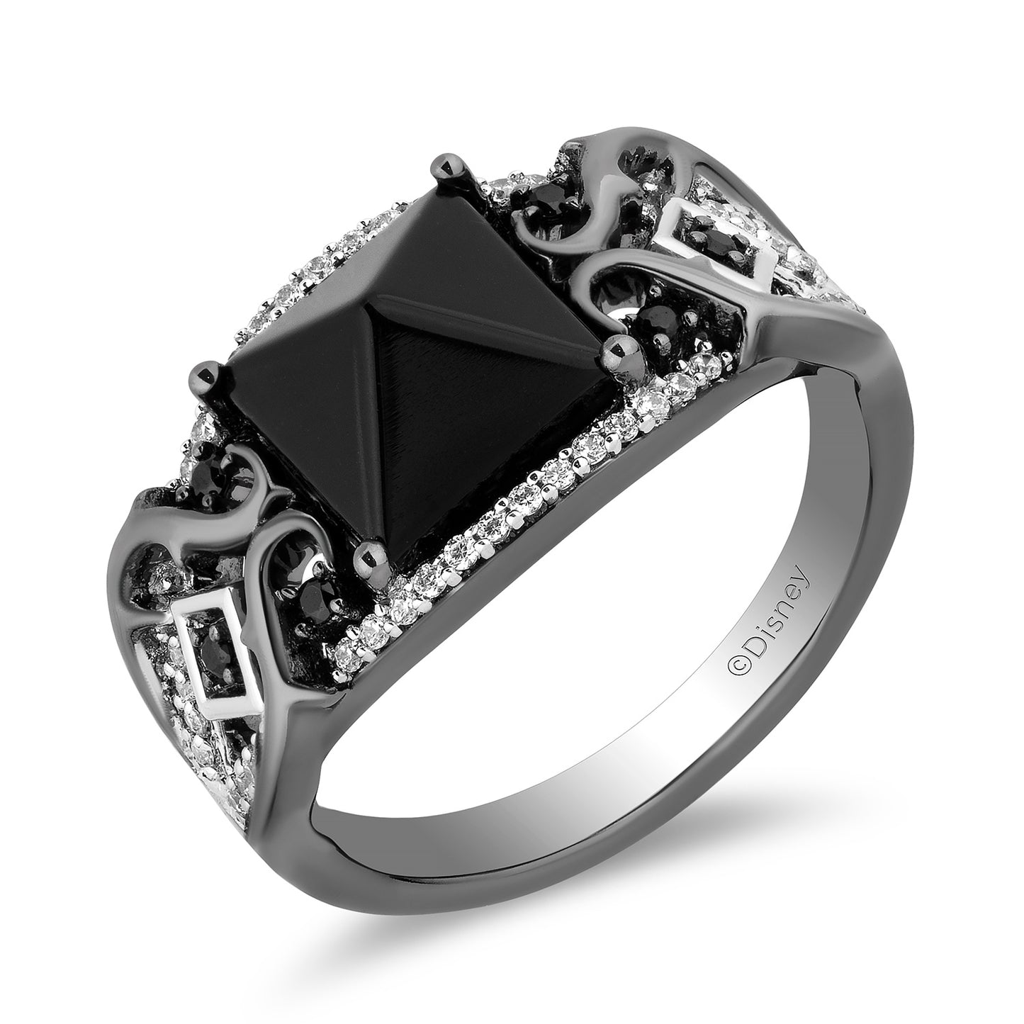Enchanted Disney Fine Jewelry Black Rhodium Over Sterling Silver with 1/5 CTTW Diamonds and Black Onyx Maleficent Ring