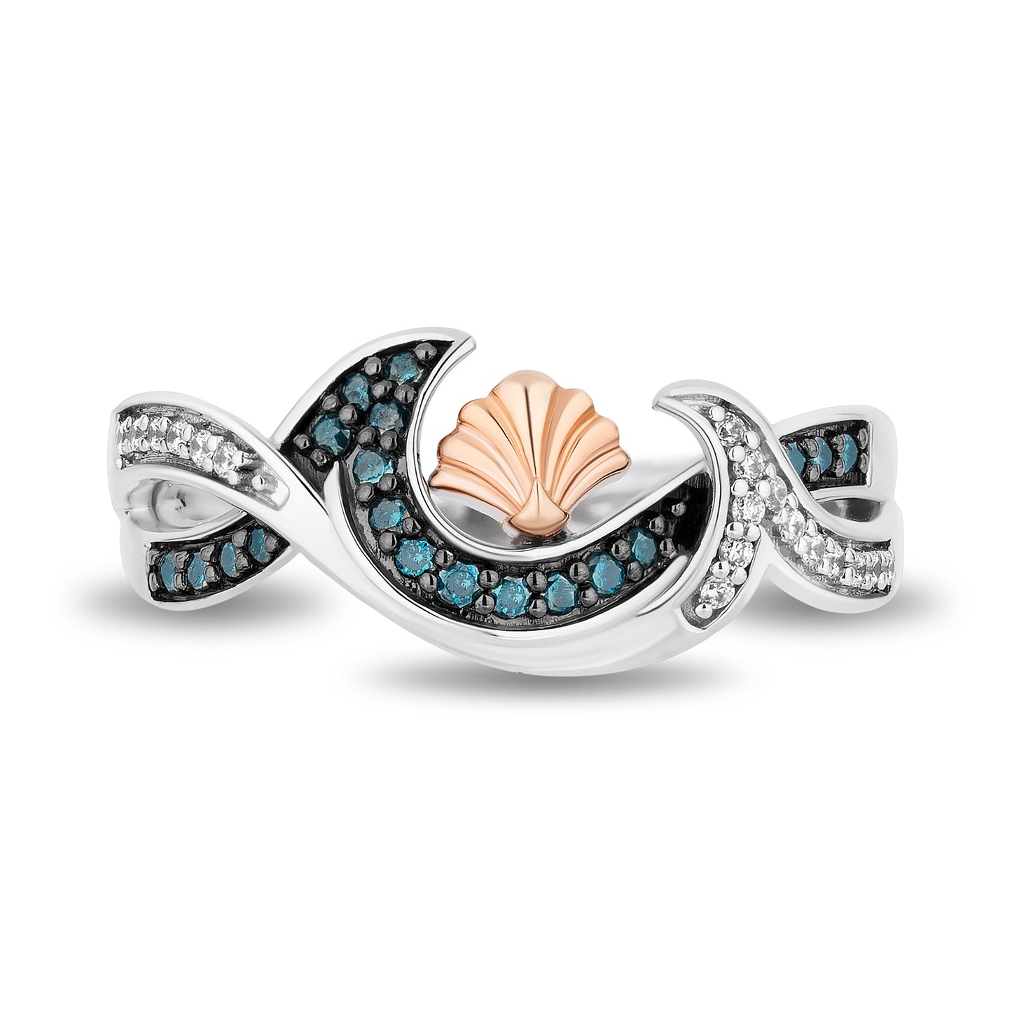 Enchanted Disney Fine Jewelry Sterling Silver and 10K Rose Gold with 1/5 CTTW White Diamonds and Blue Diamonds Ariel Seashell Ring