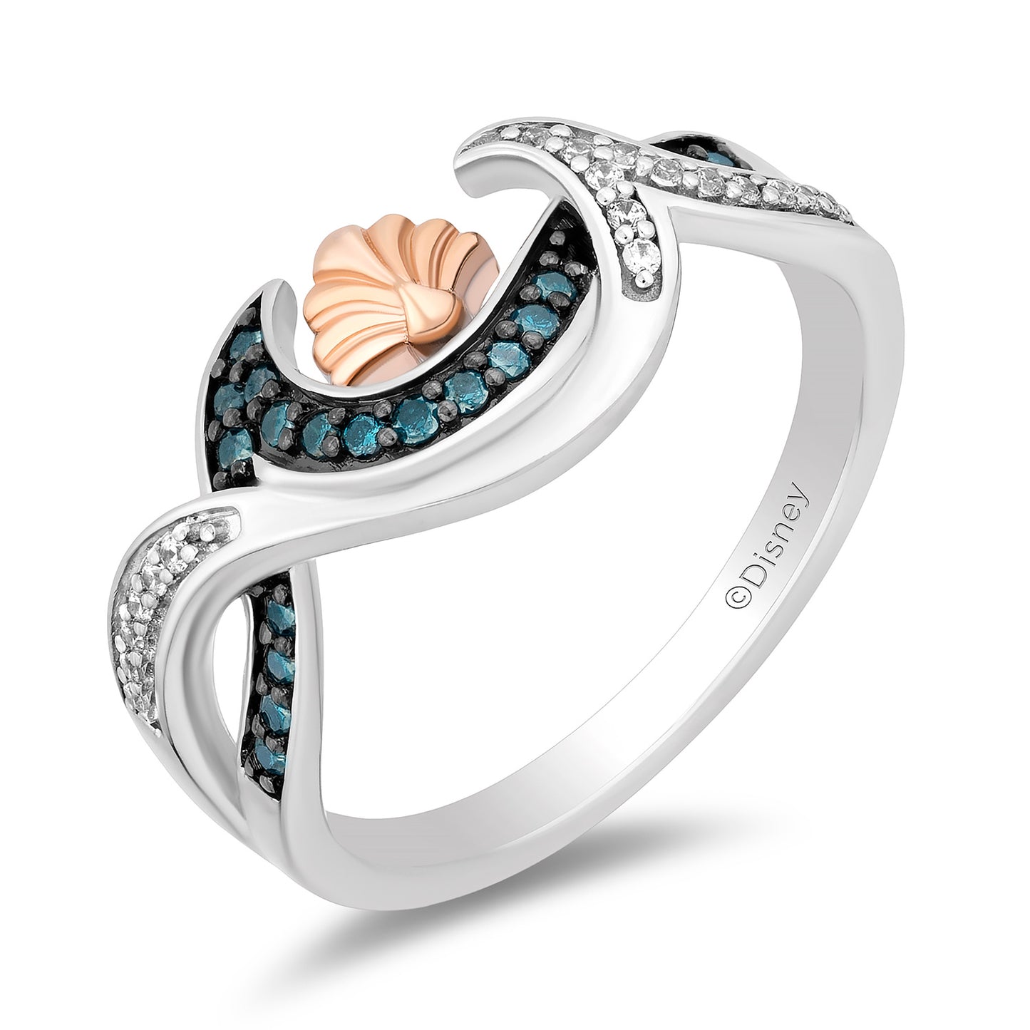 Enchanted Disney Fine Jewelry Sterling Silver and 10K Rose Gold with 1/5 CTTW White Diamonds and Blue Diamonds Ariel Seashell Ring