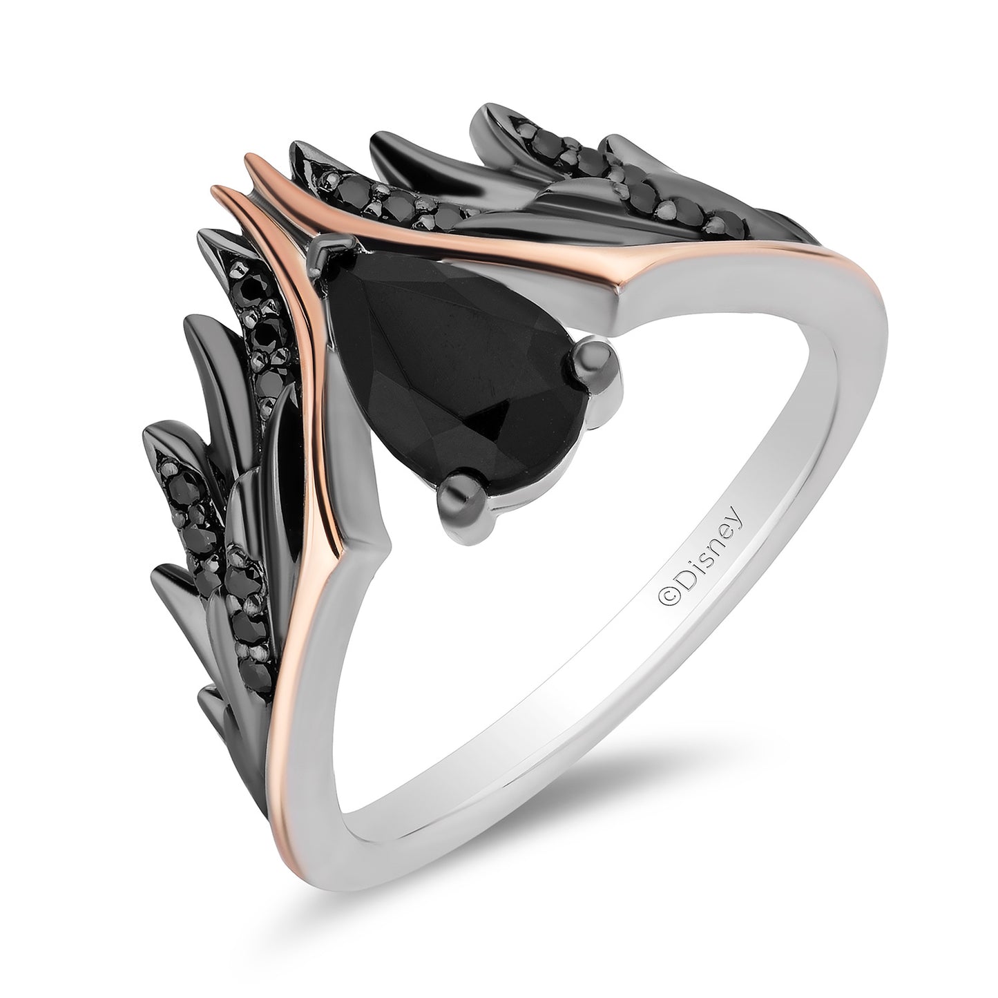 Enchanted Disney Fine Jewelry Sterling Silver and 10K Rose Gold with 1/8 CTTW Diamonds and Black Onyx Maleficent Wings Ring