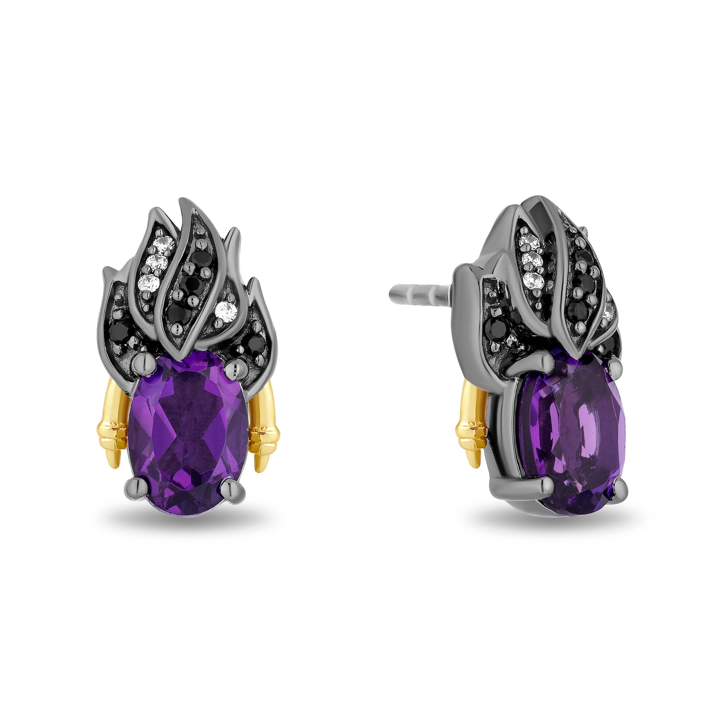 Enchanted Disney Fine Jewelry Black Rhodium Over Sterling Silver and 10K Yellow Gold with 1/10 CTTW Diamonds and Amethyst Ursula Stud Earrings