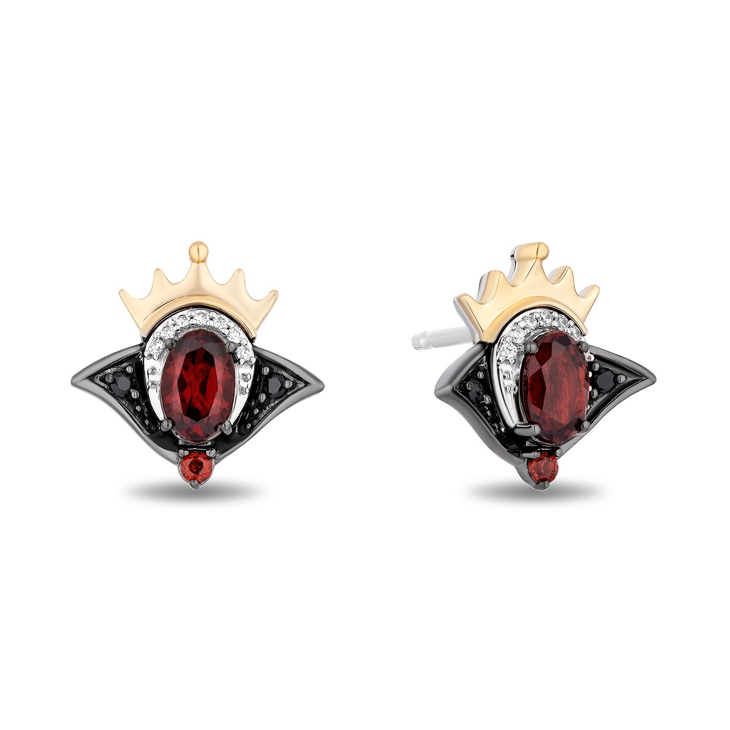 Enchanted Disney Fine Jewelry Black Rhodium Over Sterling Silver and 10K Yellow Gold with 1/10 CTTW Diamonds and Garnet Evil Queen Stud Earrings