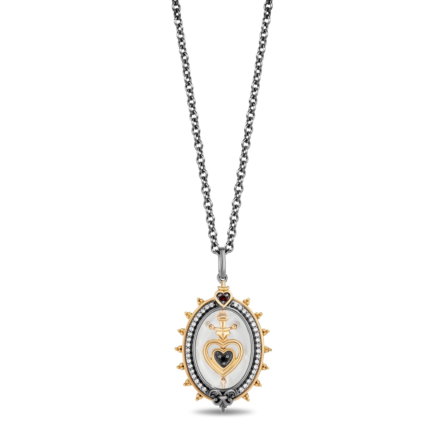 Enchanted Disney Fine Jewelry 14K Yellow Gold and Black Rhodium over Sterling Silver with 1/8 CTTW Diamonds, Black Onyx, Garnet and White Topaz Evil Queen Necklace