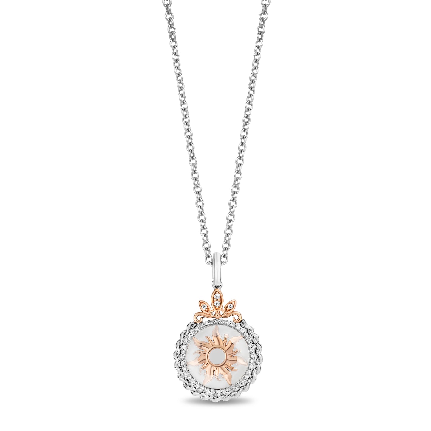 Enchanted Disney Fine Jewelry 14K Rose Gold over Sterling Silver with 1/8 CTTW Diamonds and Flat Back White Transparent Quartz Rapunzel Necklace