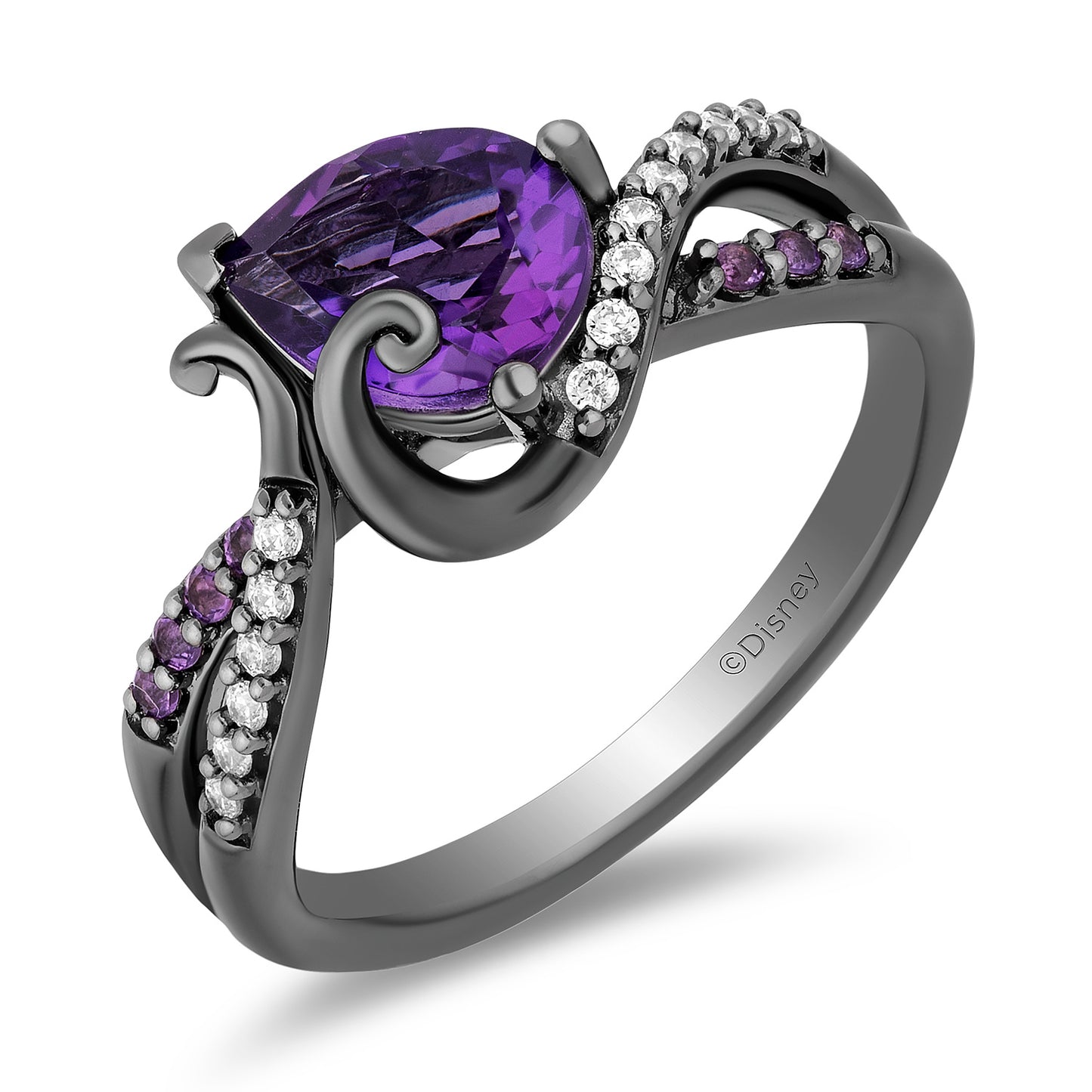 Enchanted Disney Fine Jewelry Black Rhodium over Sterling Silver with 1/10 CTTW Diamonds and Amethyst Ursula Ring