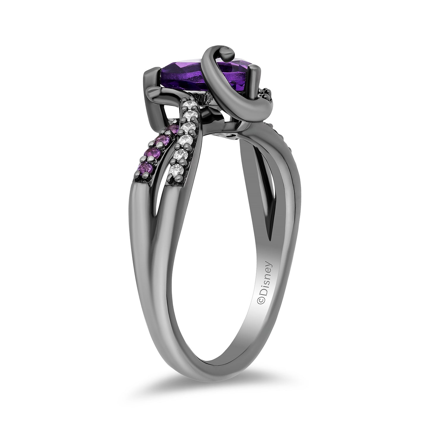 Enchanted Disney Fine Jewelry Black Rhodium over Sterling Silver with 1/10 CTTW Diamonds and Amethyst Ursula Ring