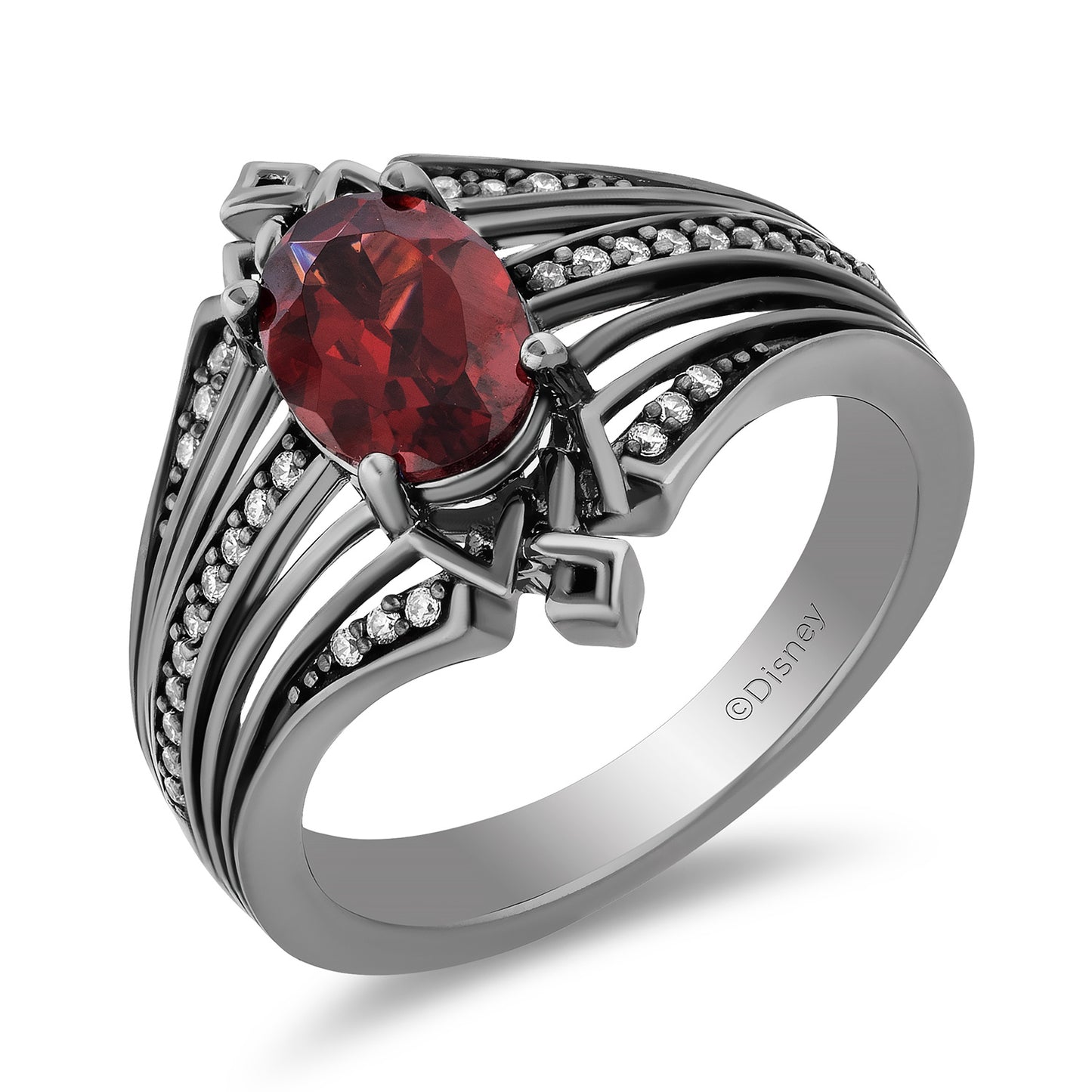 Enchanted Disney Fine Jewelry Black Rhodium over Sterling Silver with 1/8 CTTW Diamonds and Garnet Evil Queen Ring