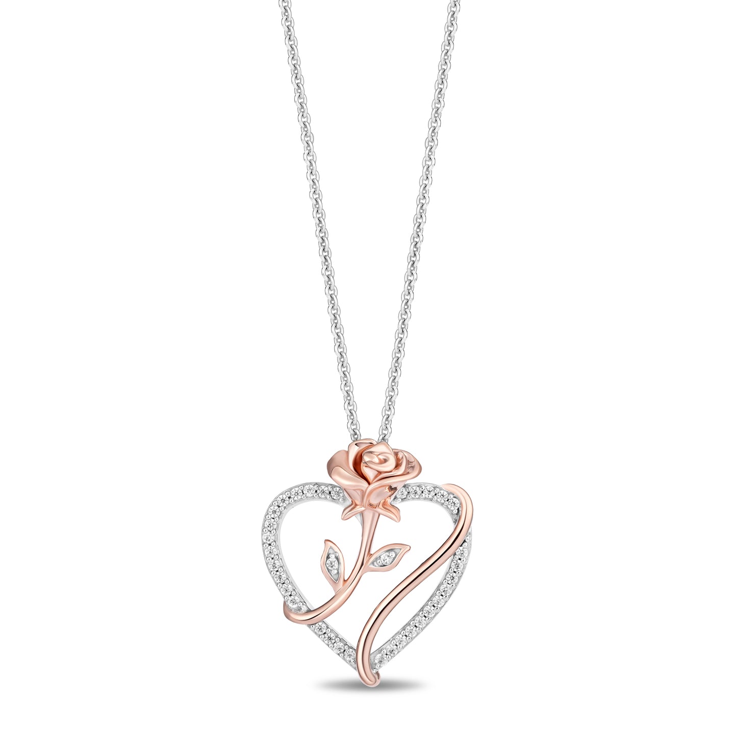 Enchanted Disney Fine Jewelry 14K Rose Gold Over Sterling Silver with 1/6 CTTW Diamonds Belle Rose with Heart Pendant Necklace