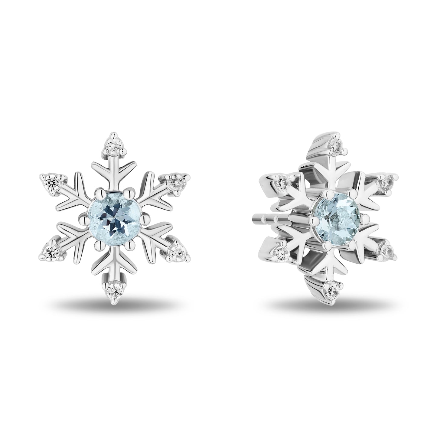 Enchanted Disney Fine Jewelry Sterling Silver with 1/10 CTTW Diamonds and Aquamarine Elsa Snowflake Earrings