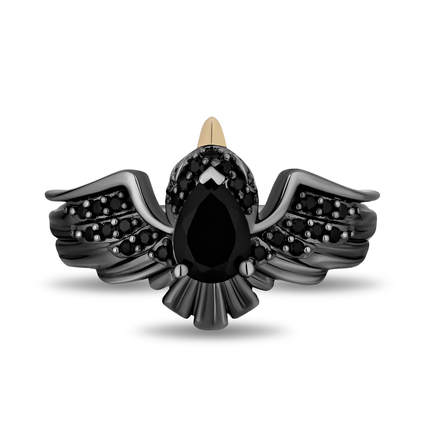 Enchanted Disney Fine Jewelry Black Rhodium Over Sterling Silver and 10K Yellow Gold with 1/5 CTTW Black Diamonds, Onyx and Garnet Maleficent Ring