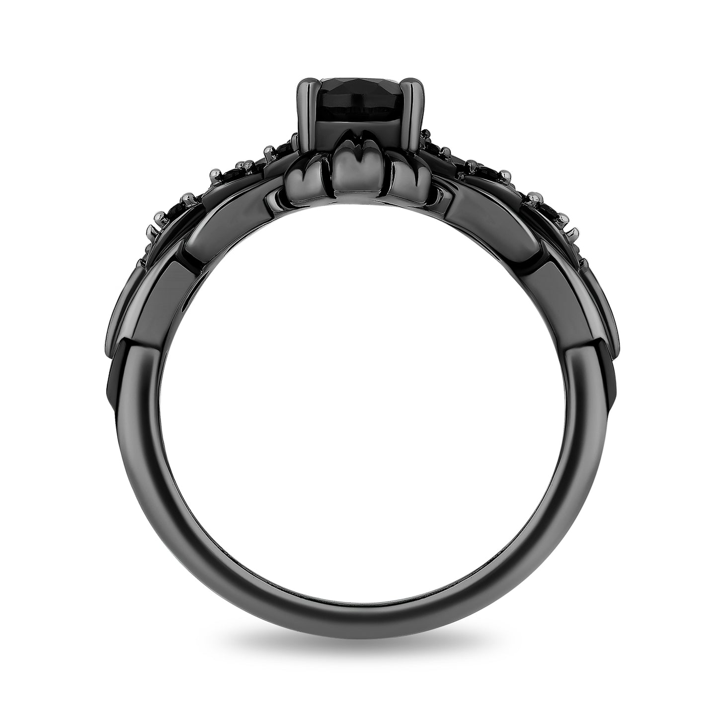 Enchanted Disney Fine Jewelry Black Rhodium Over Sterling Silver and 10K Yellow Gold with 1/5 CTTW Black Diamonds, Onyx and Garnet Maleficent Ring