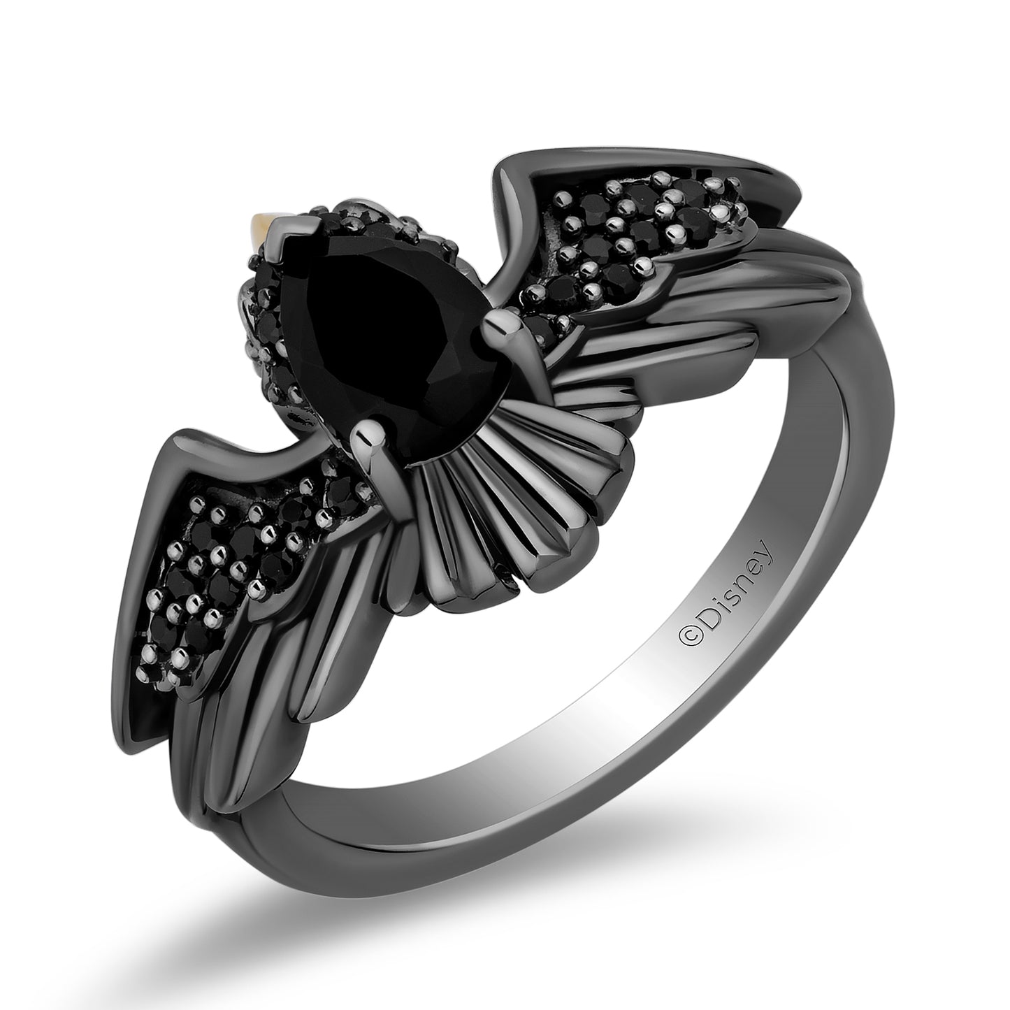 Enchanted Disney Fine Jewelry Black Rhodium Over Sterling Silver and 10K Yellow Gold with 1/5 CTTW Black Diamonds, Onyx and Garnet Maleficent Ring