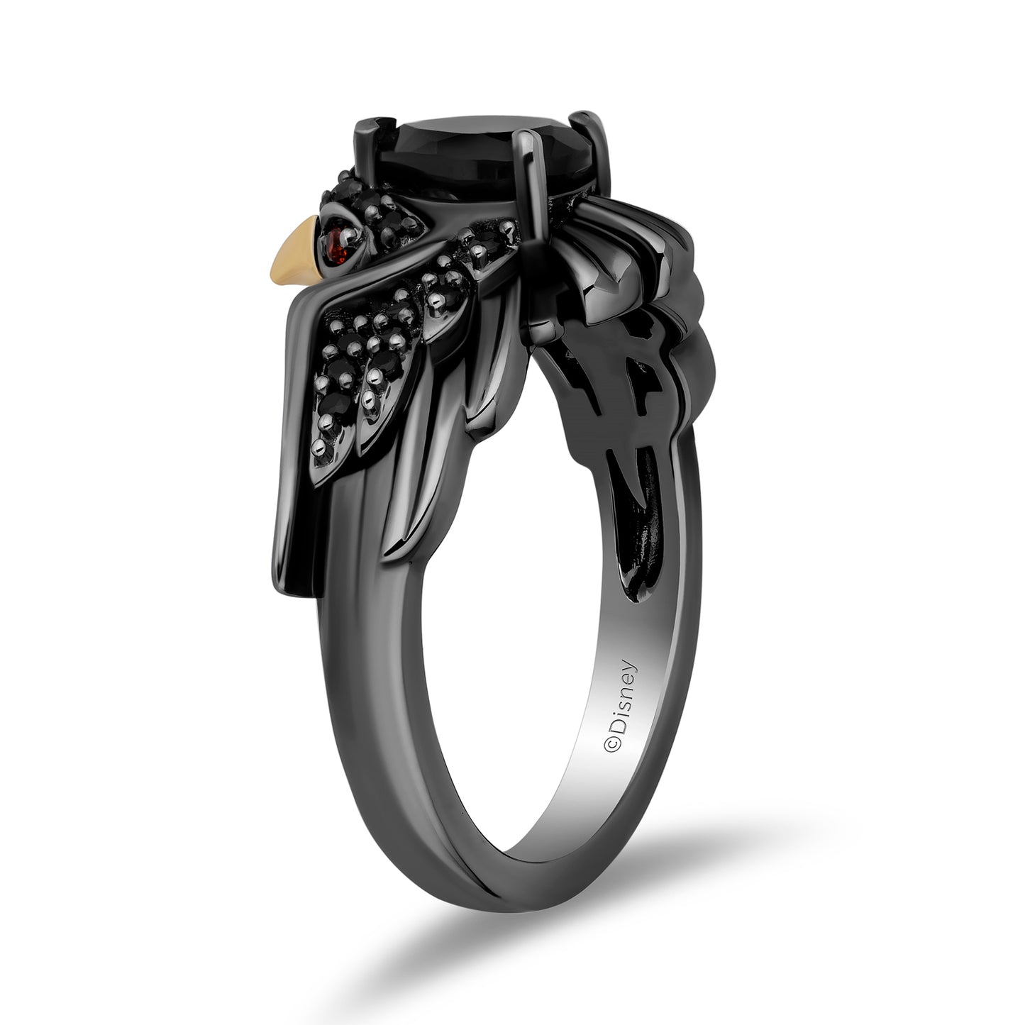 Enchanted Disney Fine Jewelry Black Rhodium Over Sterling Silver and 10K Yellow Gold with 1/5 CTTW Black Diamonds, Onyx and Garnet Maleficent Ring