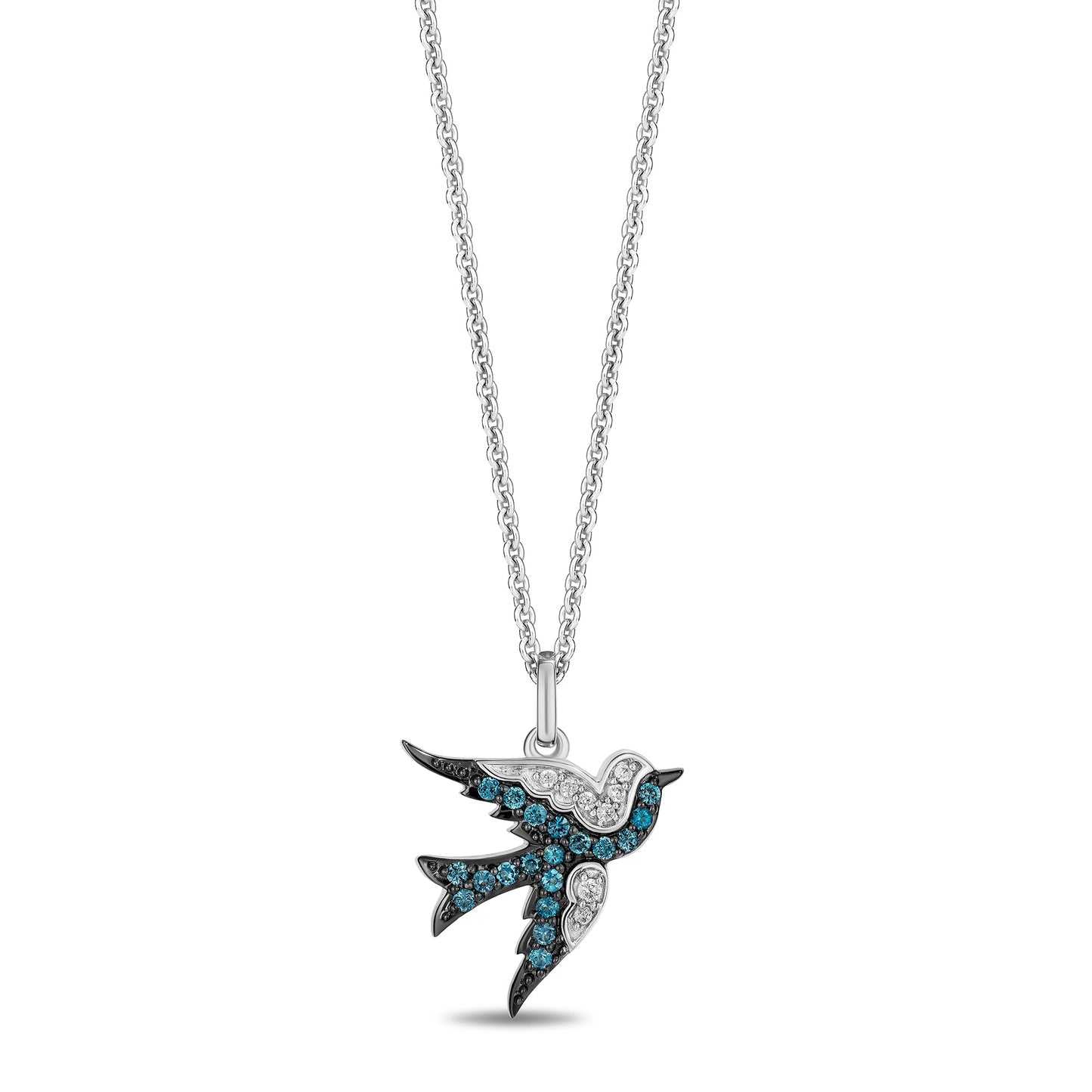 Enchanted Disney Fine Jewelry Sterling Silver with 1/20 CTTW Diamonds and London Blue Topaz Cinderella Bird Pendant Necklace