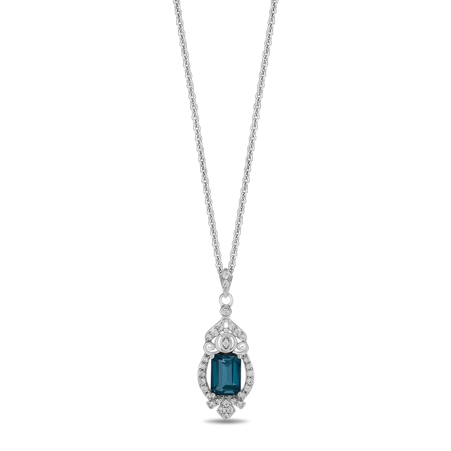 Enchanted Disney Fine Jewelry Sterling Silver with 1/5 CTTW Diamonds and London Blue Topaz Cinderella Pendant Necklace