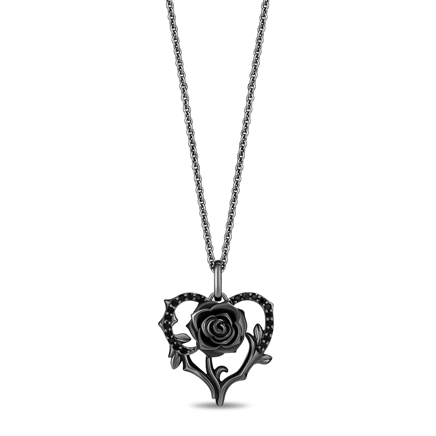 Enchanted Disney Fine Jewelry Black Rhodium Over Sterling Silver with 1/6 CTTW Diamonds Maleficent Heart Rose Pendant Necklace
