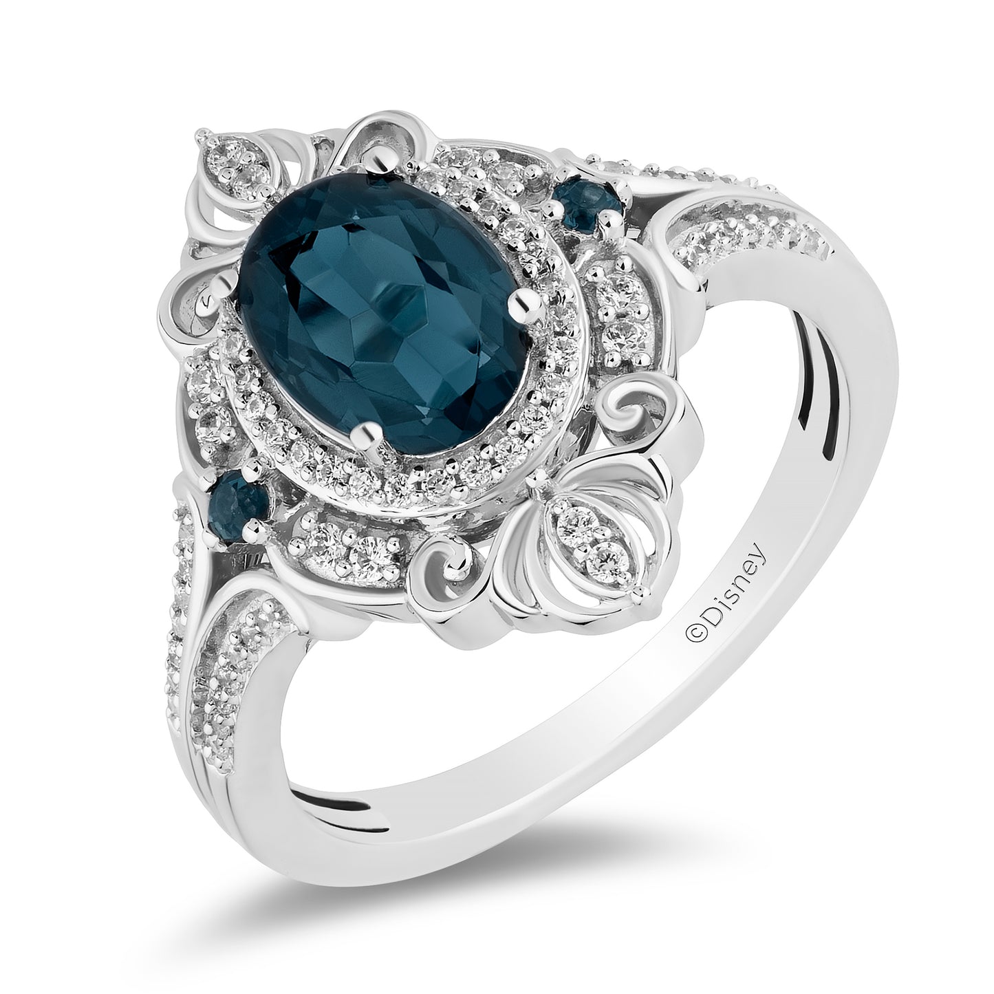 Enchanted Disney Fine Jewelry Sterling Silver with 1/5 CTTW Diamonds and London Blue Topaz Cinderella Ring