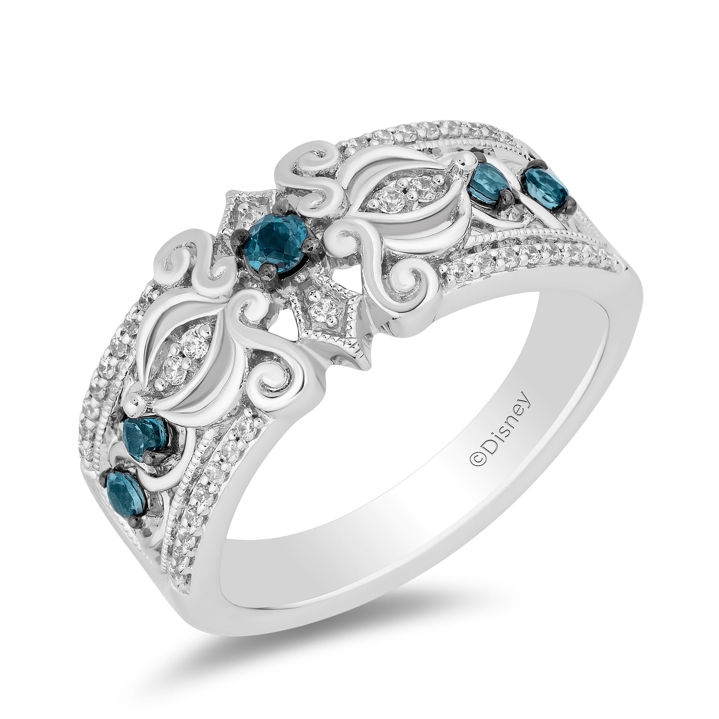 Enchanted Disney Fine Jewelry Sterling Silver with 1/6 CTTW Diamonds and London Blue Topaz Cinderella Ring