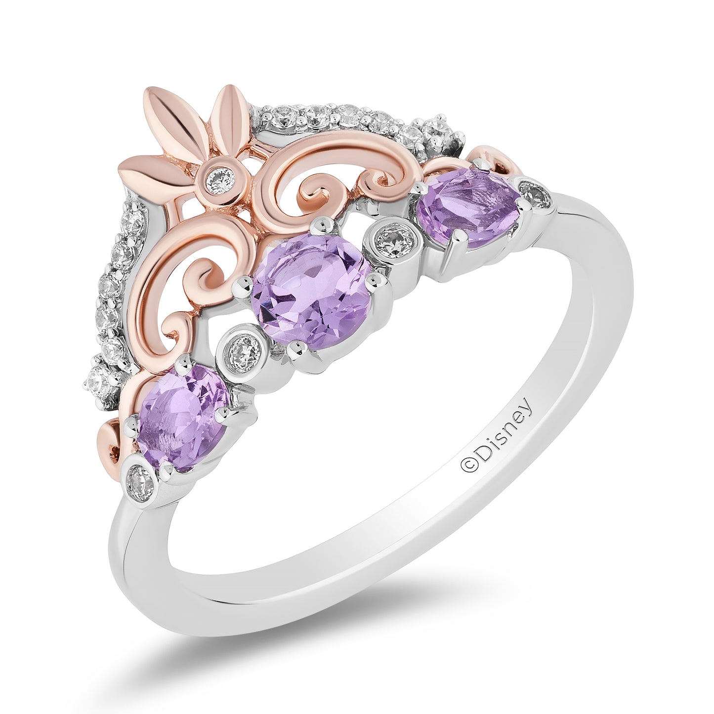 Enchanted Disney Fine Jewelry 14K Rose Gold Over Sterling Silver with 1/10 CTTW Diamonds and Amethyst Rapunzel Ring