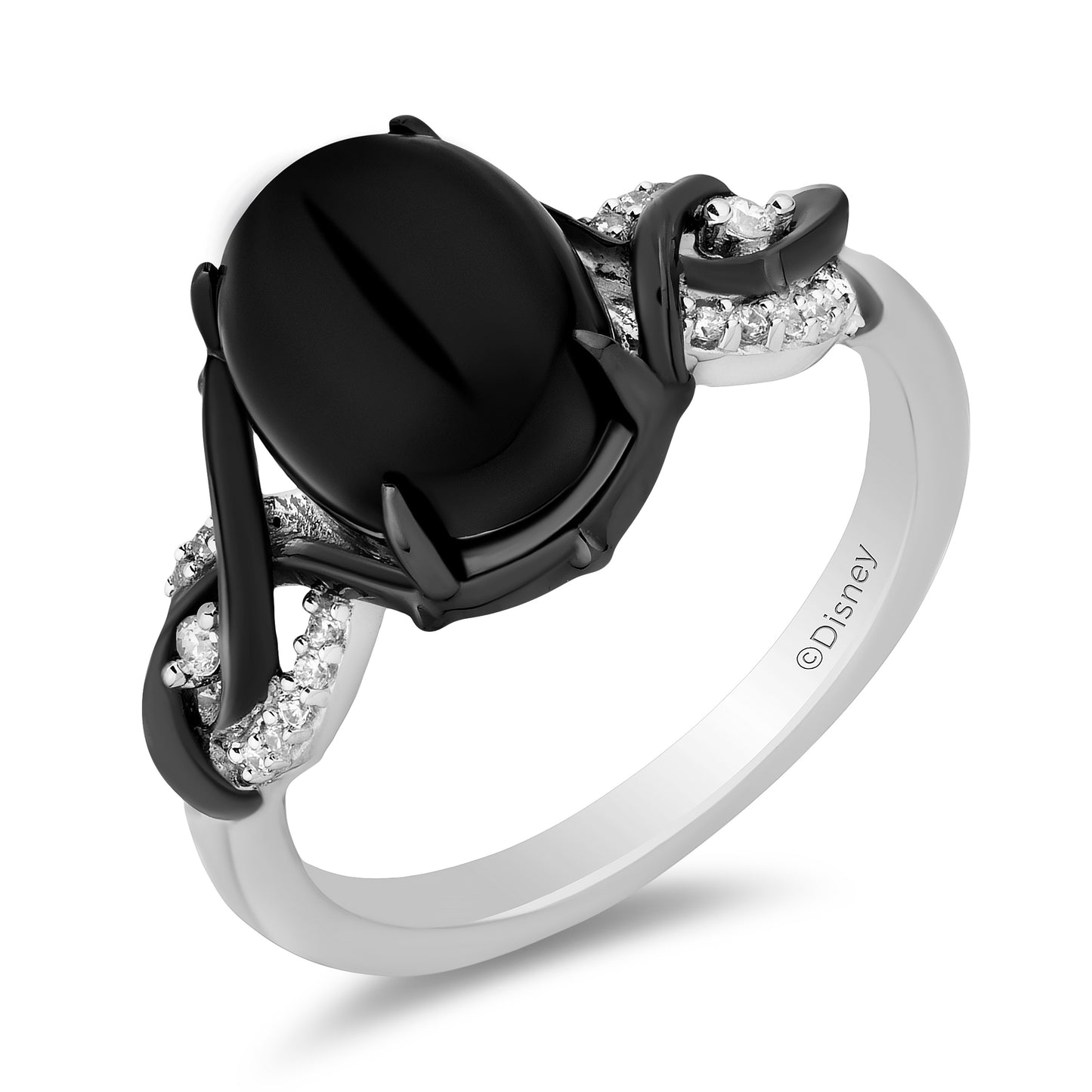 Enchanted Disney Fine Jewelry Black Rhodium Over Sterling Silver with 1/10 CTTW Diamonds and Black Onyx Maleficent Ring