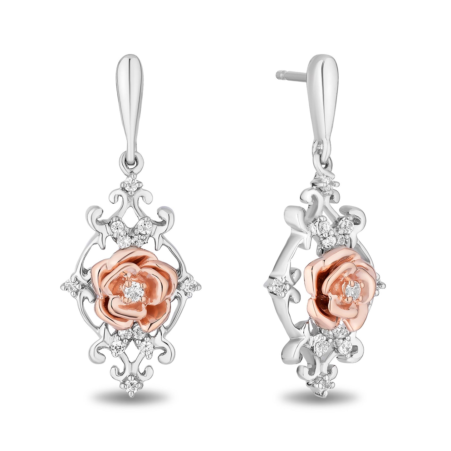 Enchanted Disney Fine Jewelry 14K Rose Gold Over Sterling Silver with 1/10 CTTW Diamonds Belle Earrings