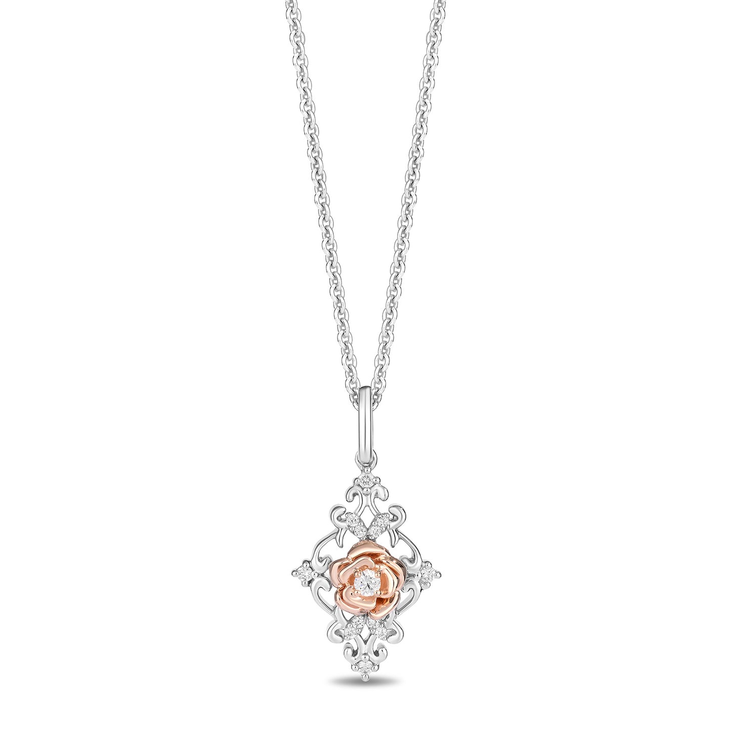 Enchanted Disney Fine Jewelry 14K Rose Gold Over Sterling Silver with 1/10 CTTW Diamonds Belle Pendant Necklace